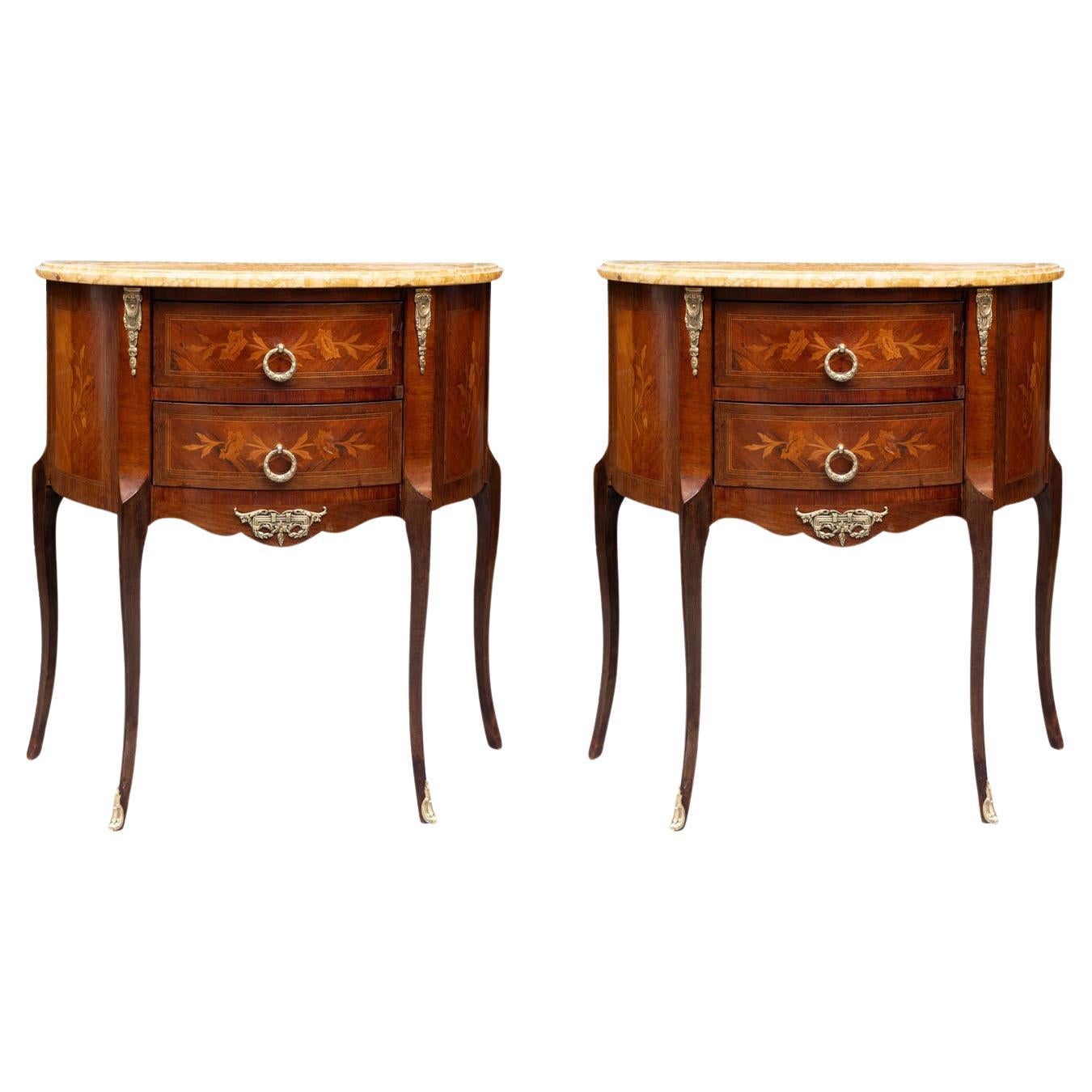 Diminutive Louis XV Style Demilune Commodes with Marble Tops, Pair Available For Sale