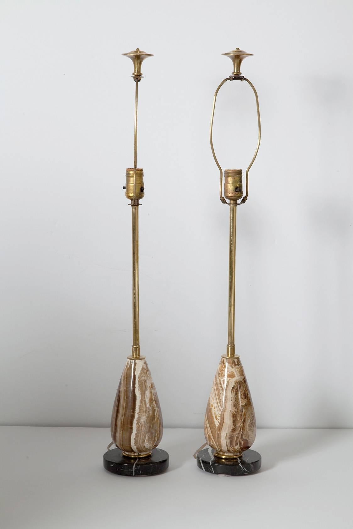 Pair of Diminutive Onyx Table Lamps, circa 1950 In Good Condition In North Miami, FL