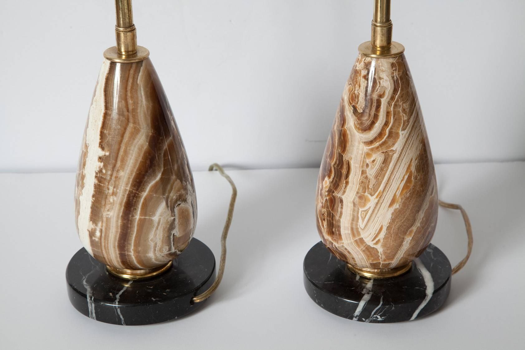 Brass Pair of Diminutive Onyx Table Lamps, circa 1950