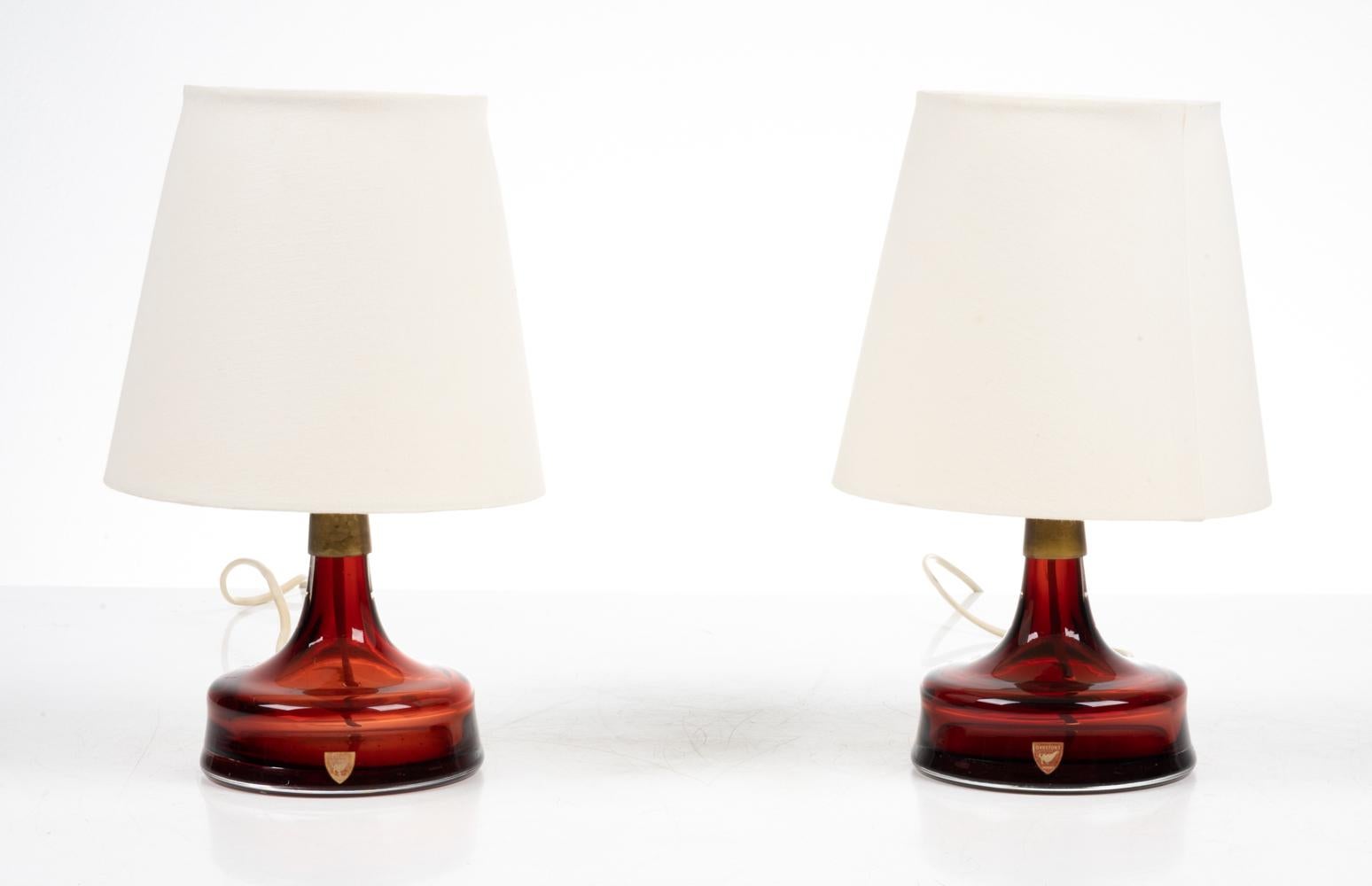 Scandinavian Modern Pair of Diminutive Ruby Glass Table Lamps by Carl Fagerlund for Orrefors