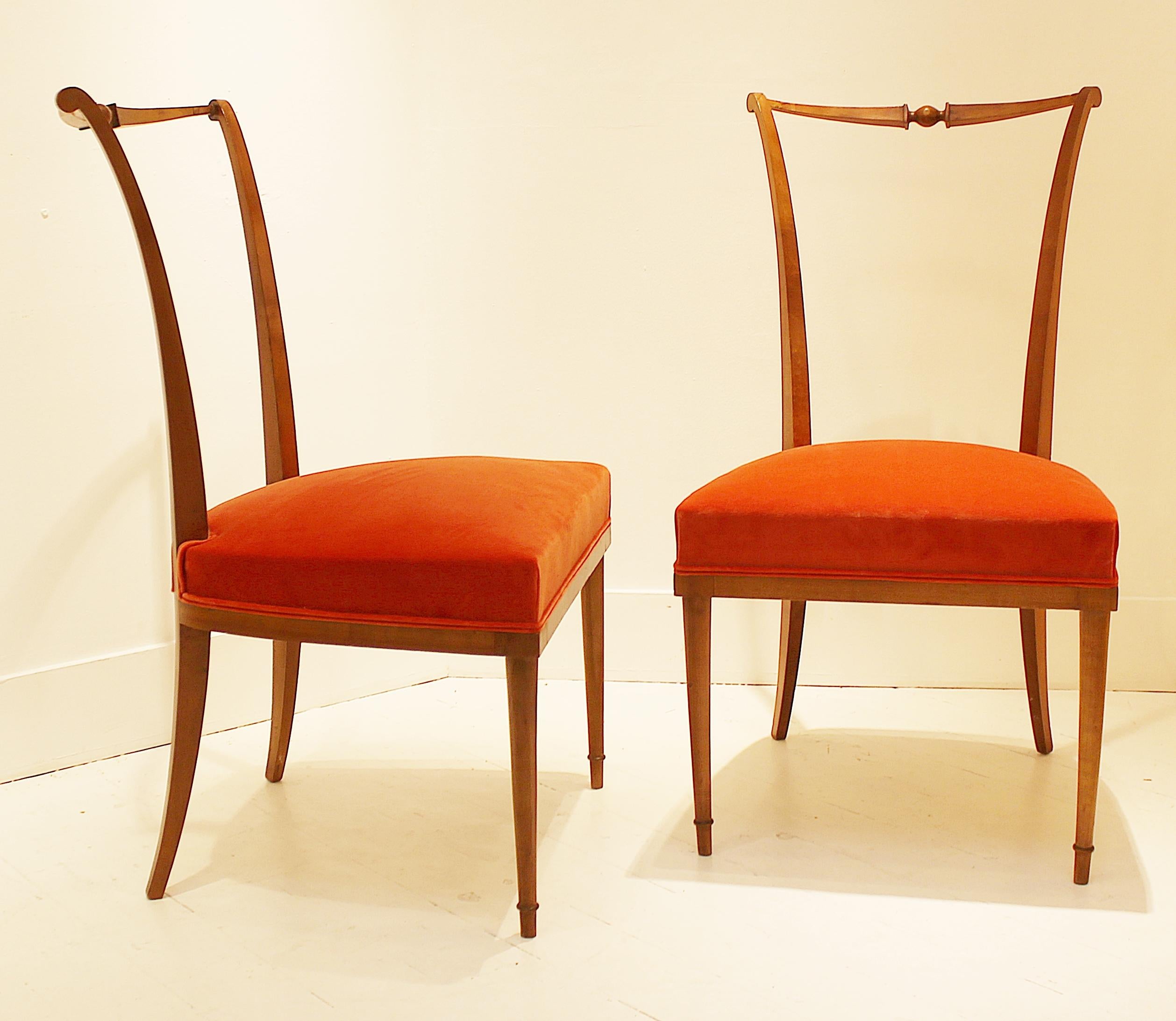 Pair of dining chairs by Andre Arbus, France, new orange velvet upholstery.