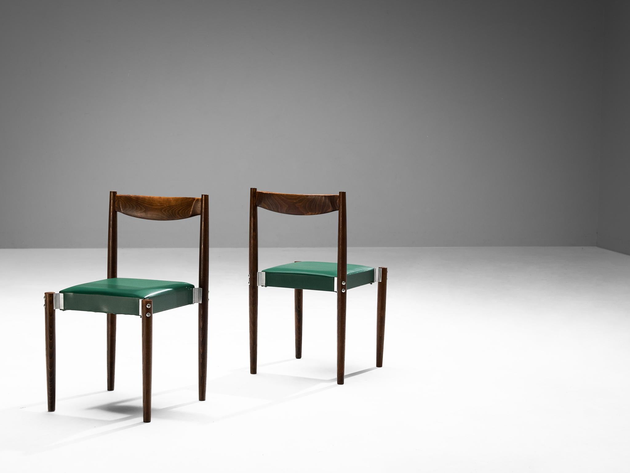 Pair of Dining Chairs in Green Leatherette and Stained Wood In Good Condition For Sale In Waalwijk, NL