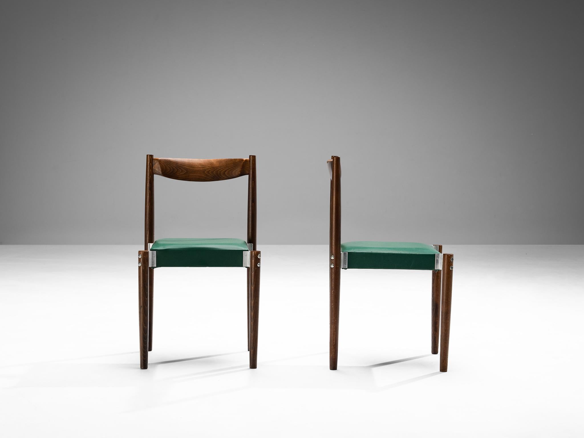 Mid-20th Century Pair of Dining Chairs in Green Leatherette and Stained Wood For Sale