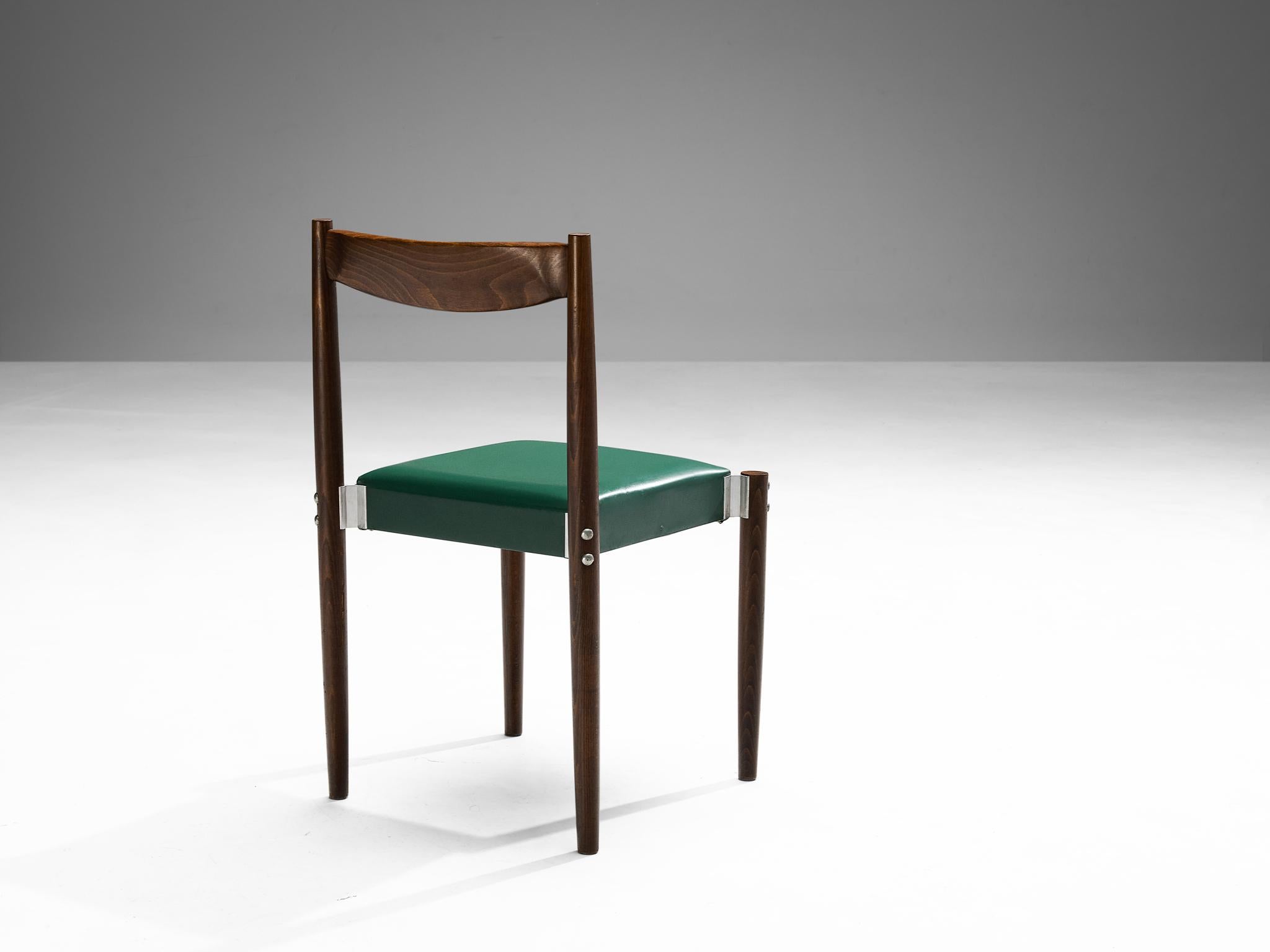 Aluminum Pair of Dining Chairs in Green Leatherette and Stained Wood For Sale