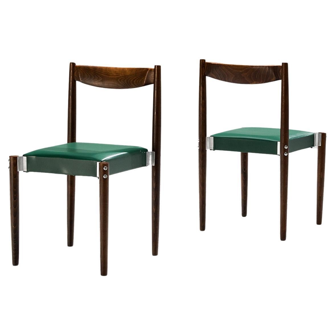 Pair of Dining Chairs in Green Leatherette and Stained Wood For Sale