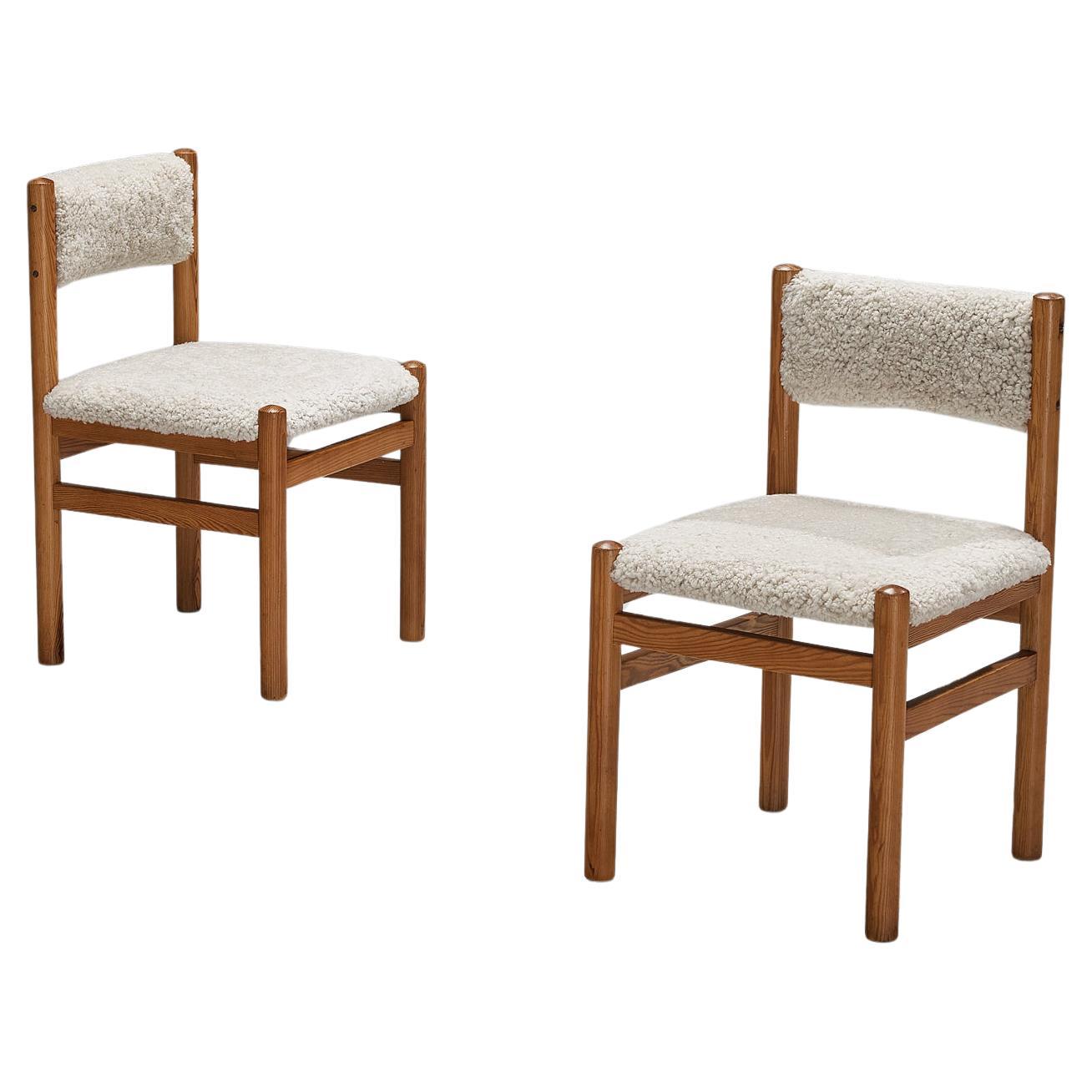Pair of Dining Chairs in Pine and Sheepskin  For Sale