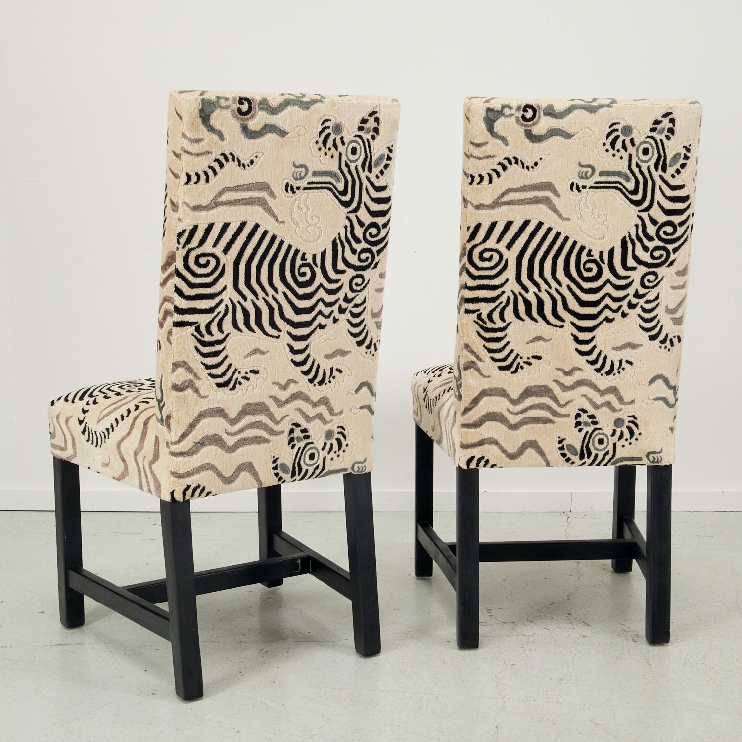 Contemporary Pair of Dining Chairs Upholstered in Clarence House Tibet Original Cut Velvet