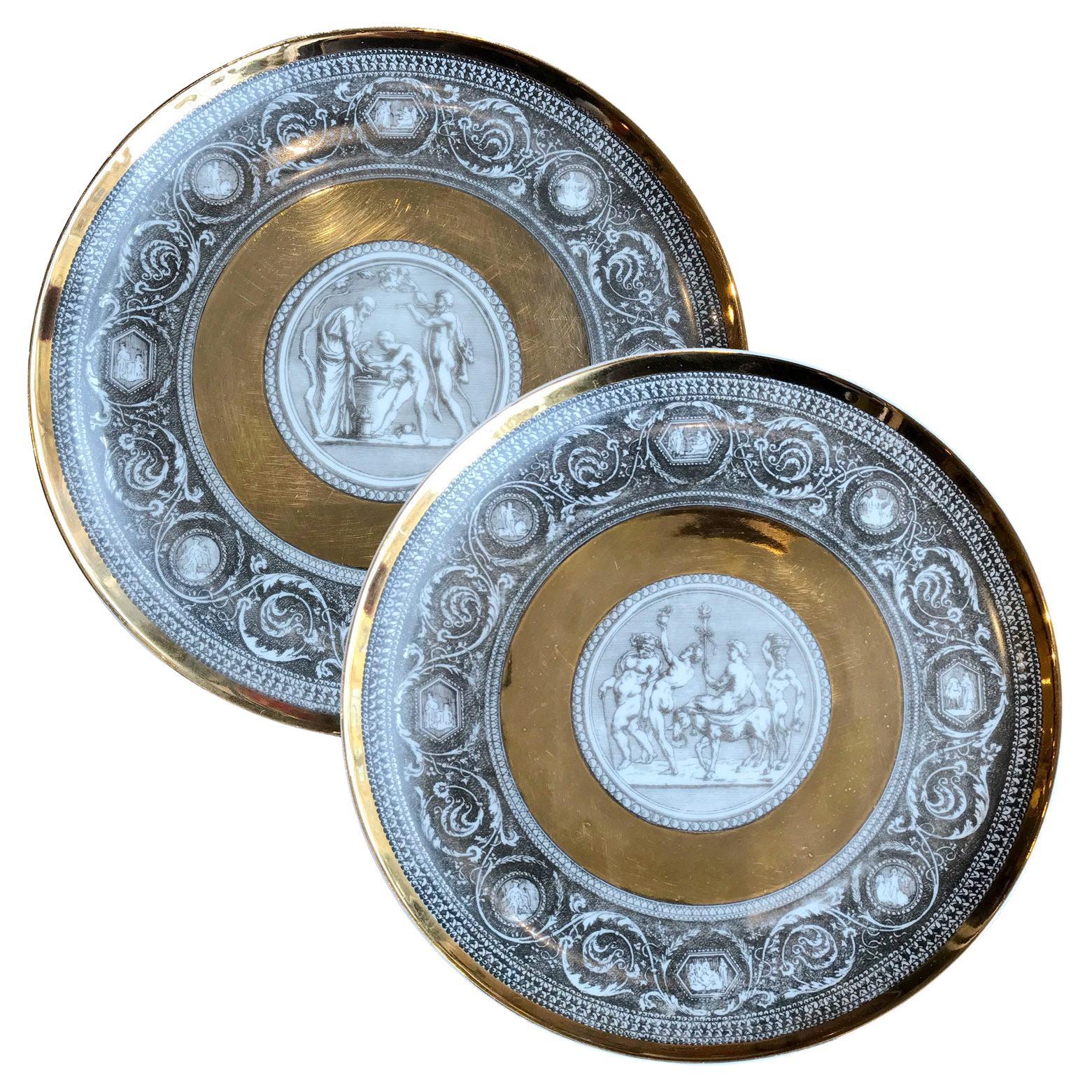Pair of Dinner Plates Design "Cammei" by Piero Fornasetti Gold Plates