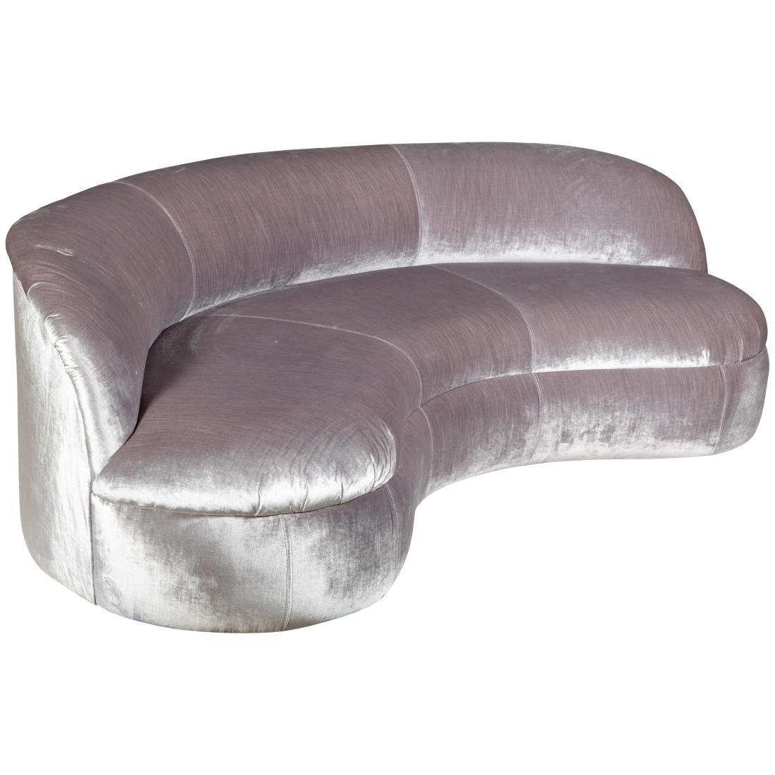 Pair of directional biomorphic curved velvet sofas. Kagan style.