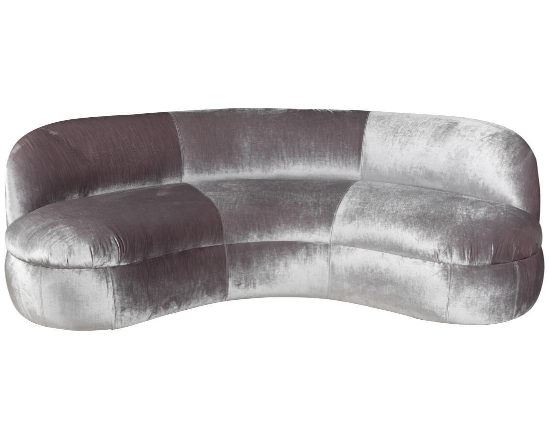 Mid-Century Modern Pair of Directional Biomorphic Curved Velvet Sofas For Sale