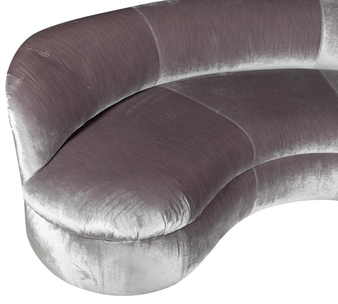 Pair of Directional Biomorphic Curved Velvet Sofas In Good Condition For Sale In New York, NY