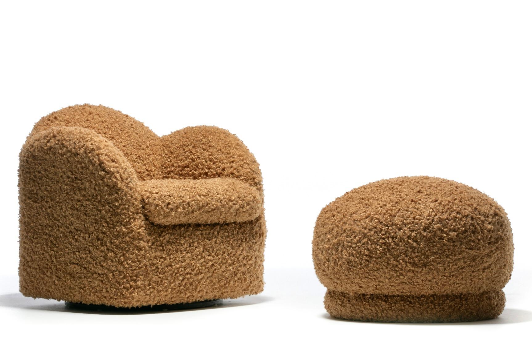 Timelessly sexy pair of poufs ottomans by Directional professionally reupholstered in soft camel teddy bear fabric rated highly durable. Upholstered pouf rests atop a channeled upholstered base. Modern look. Sculptural. Plush. Comfortable. The poufs