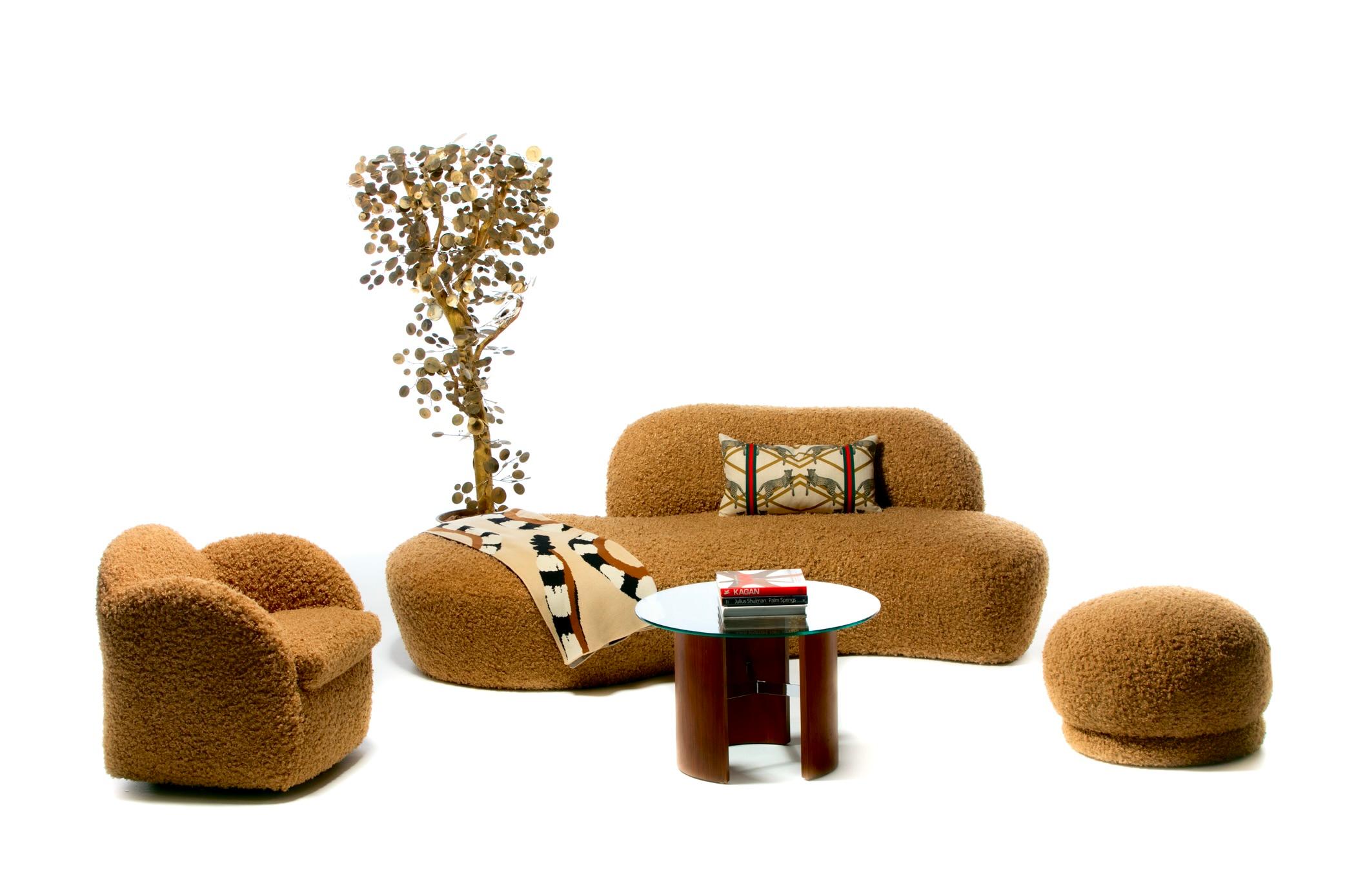 Post-Modern Pair of Directional Post Modern Poufs Ottomans in Curly Camel Teddy Bear Fabric For Sale