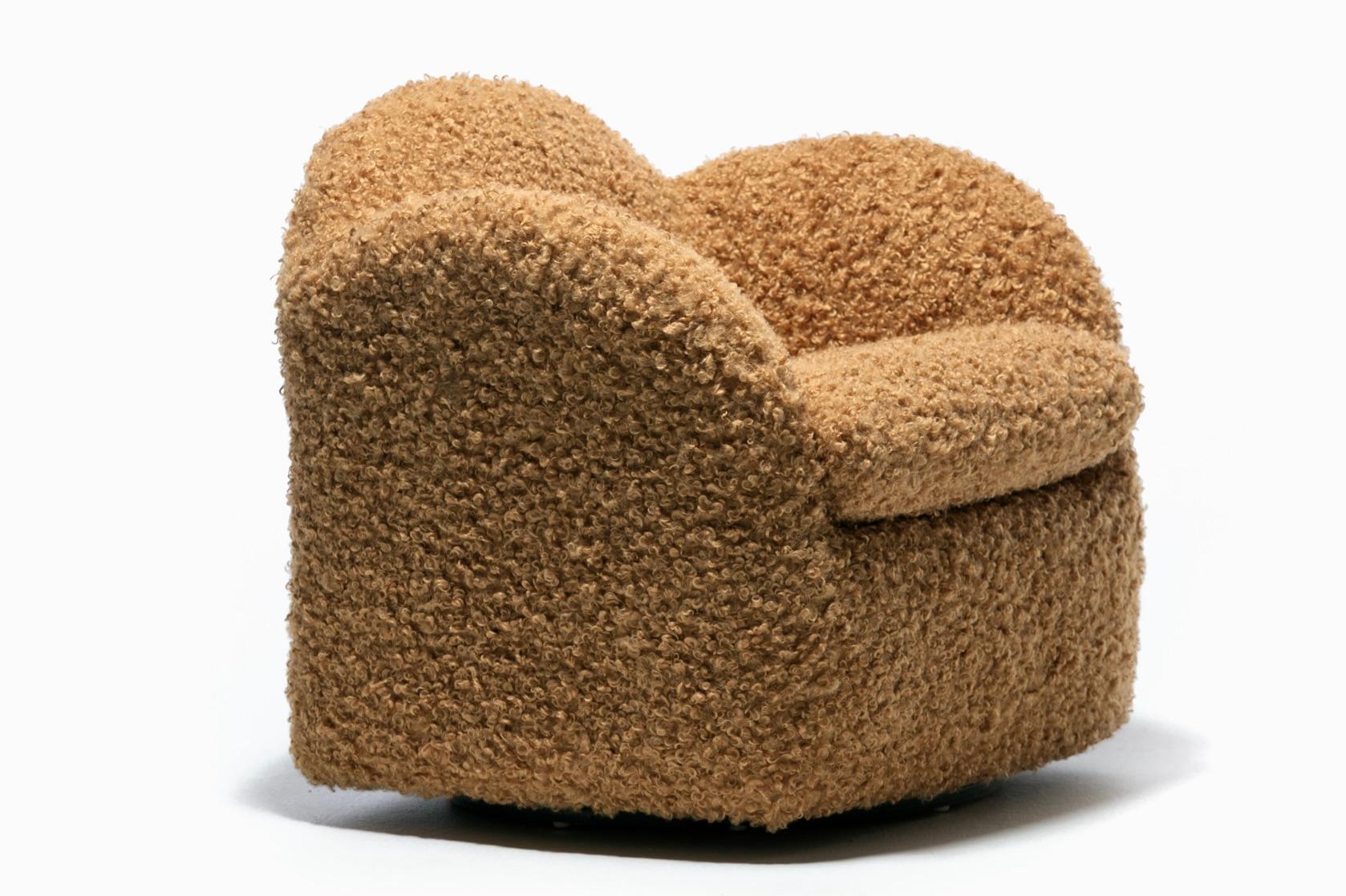 Pair of Directional Post Modern Swivel Chairs in Soft Camel Teddy Bear Fabric 2