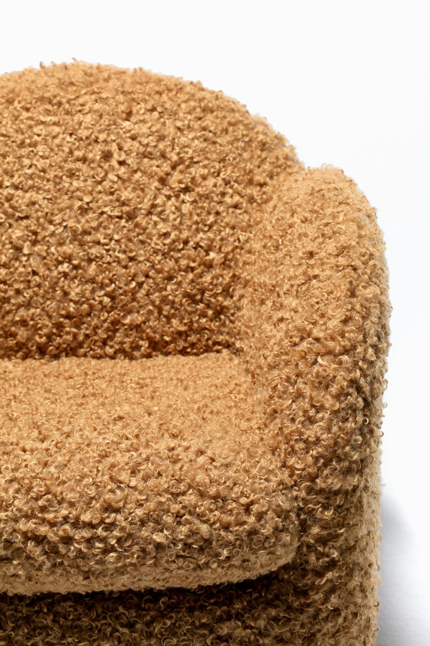 Pair of Directional Post Modern Swivel Chairs in Soft Camel Teddy Bear Fabric 4