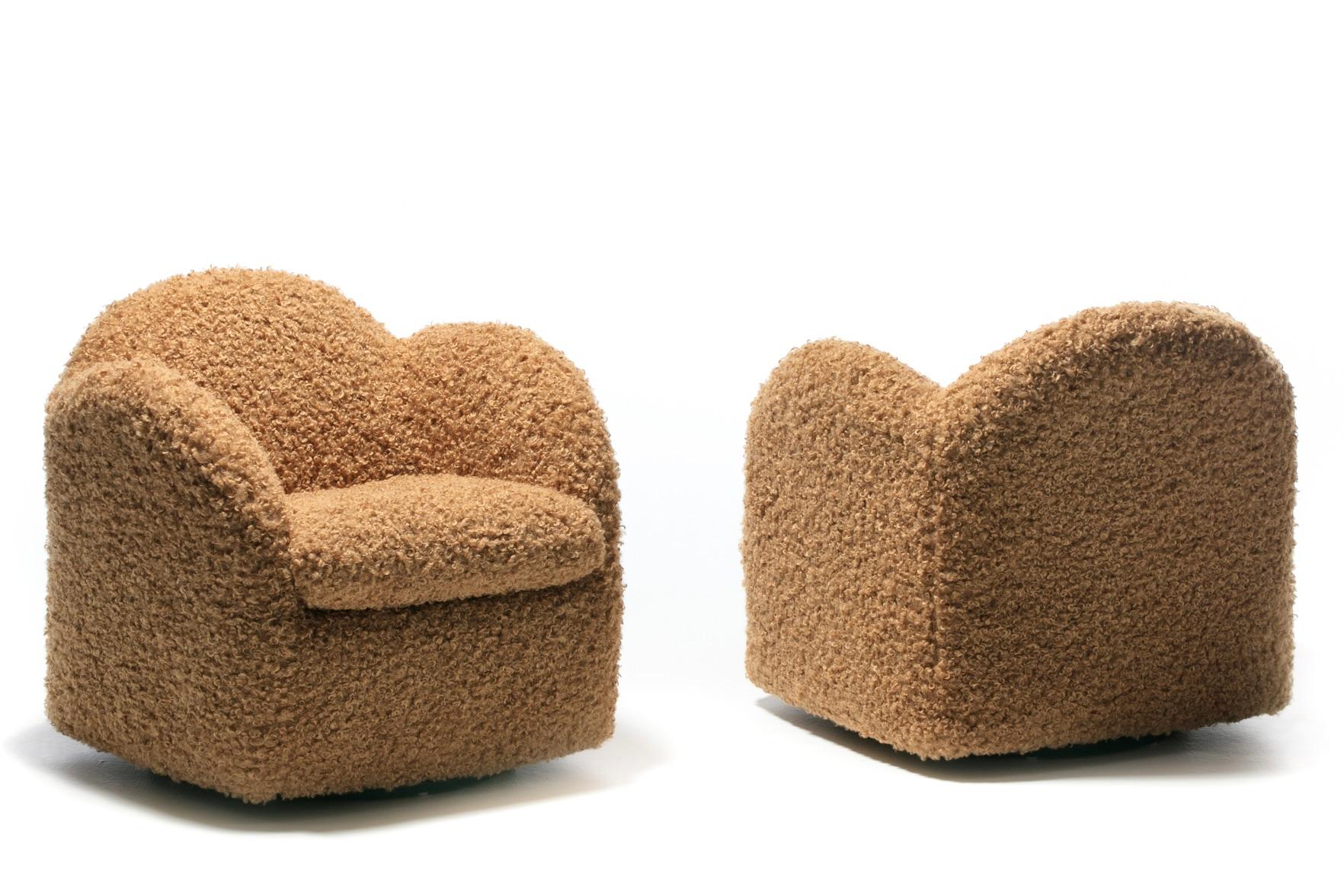 Post-Modern Pair of Directional Post Modern Swivel Chairs in Soft Camel Teddy Bear Fabric