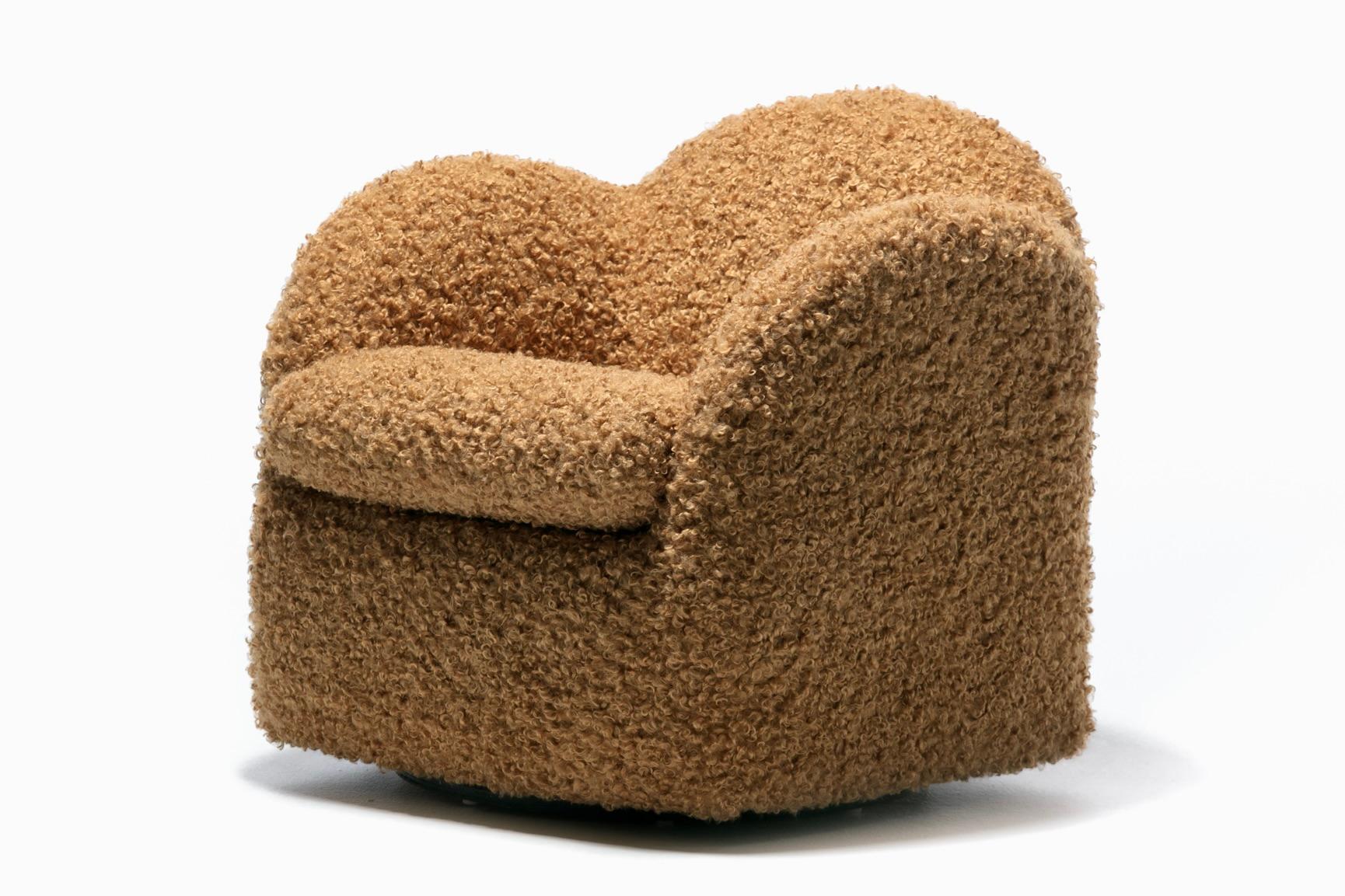 Pair of Directional Post Modern Swivel Chairs in Soft Camel Teddy Bear Fabric In Good Condition In Saint Louis, MO