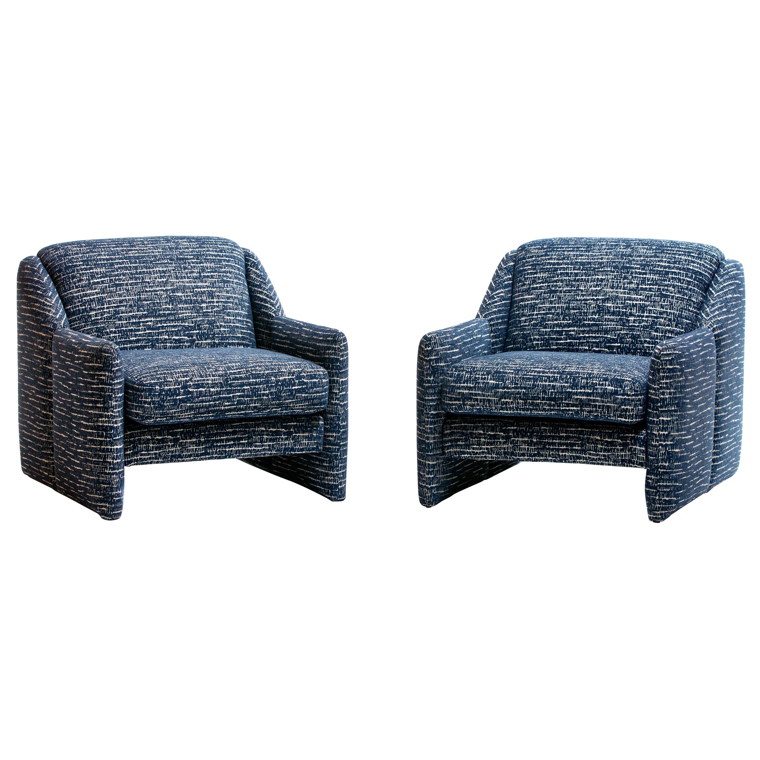 Pair of Directional Sculptural Lounge Chairs in Blue & White Knoll Fabric 
