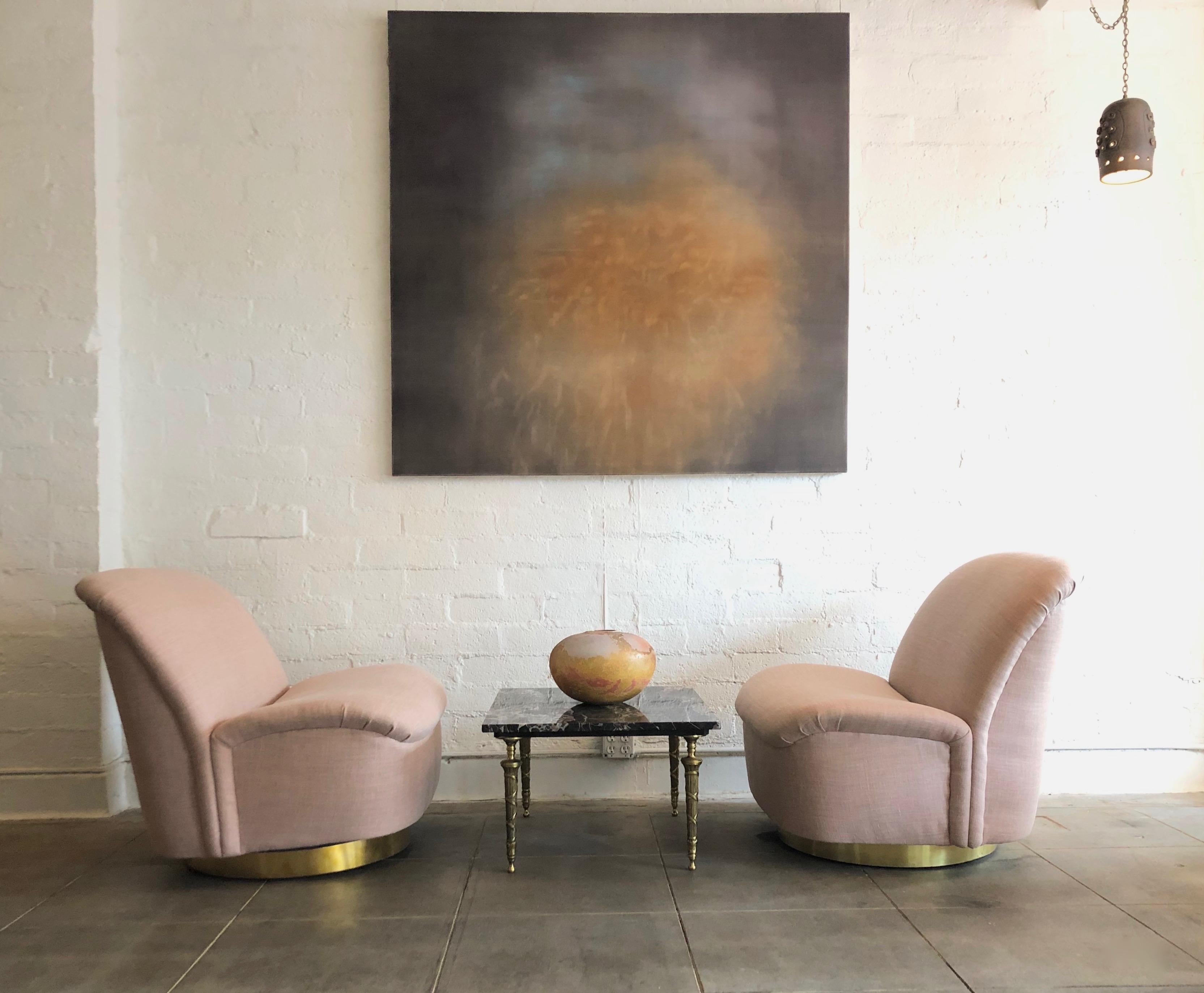 Pair of Directional Swivel Lounge Chairs in Pink with Brass Base 9