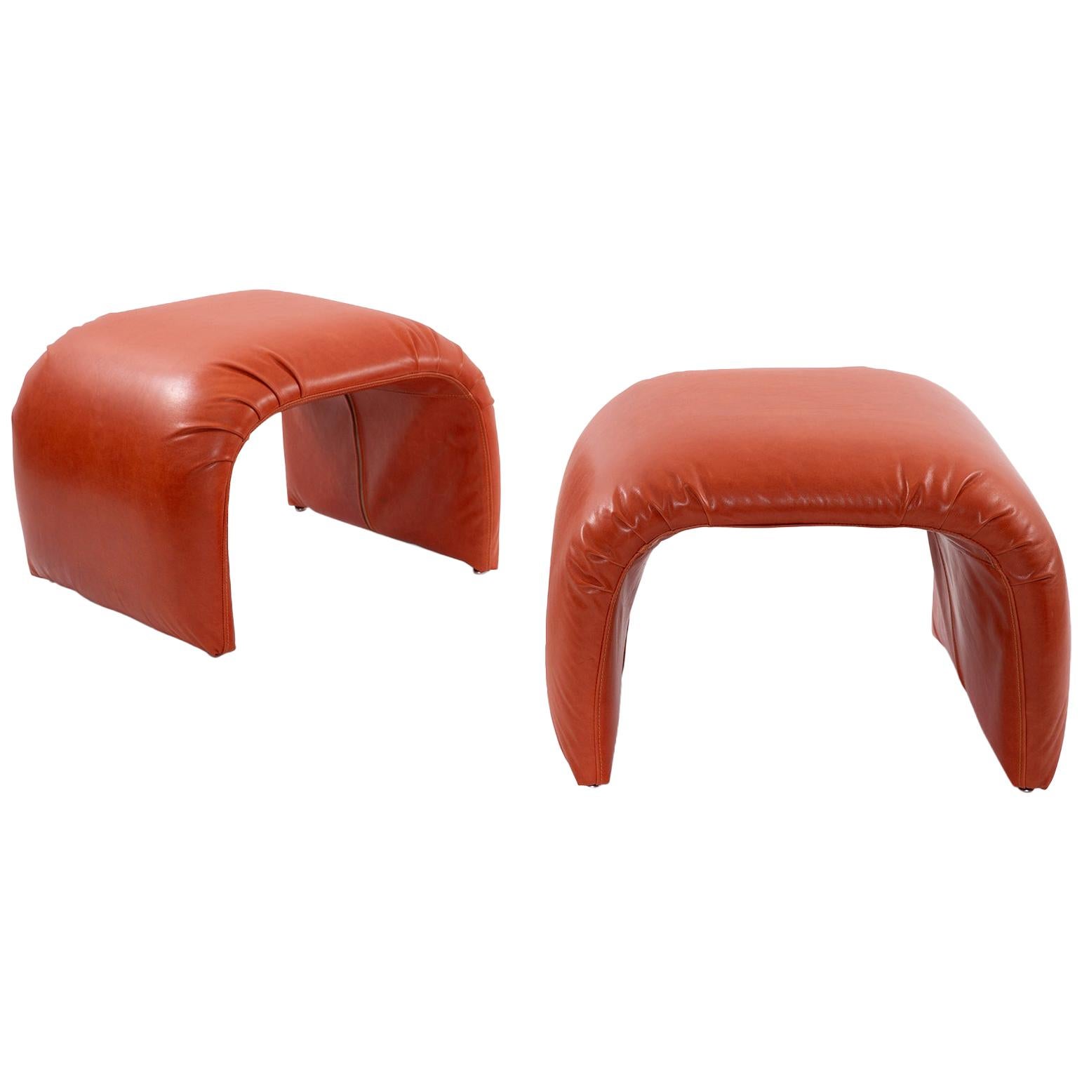 Pair of Persimmon Directional Waterfall Leather Ottomans