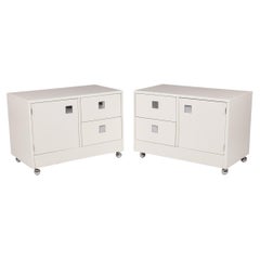 Pair of Directional White Laminate and Chrome Bedside Tables / Commodes
