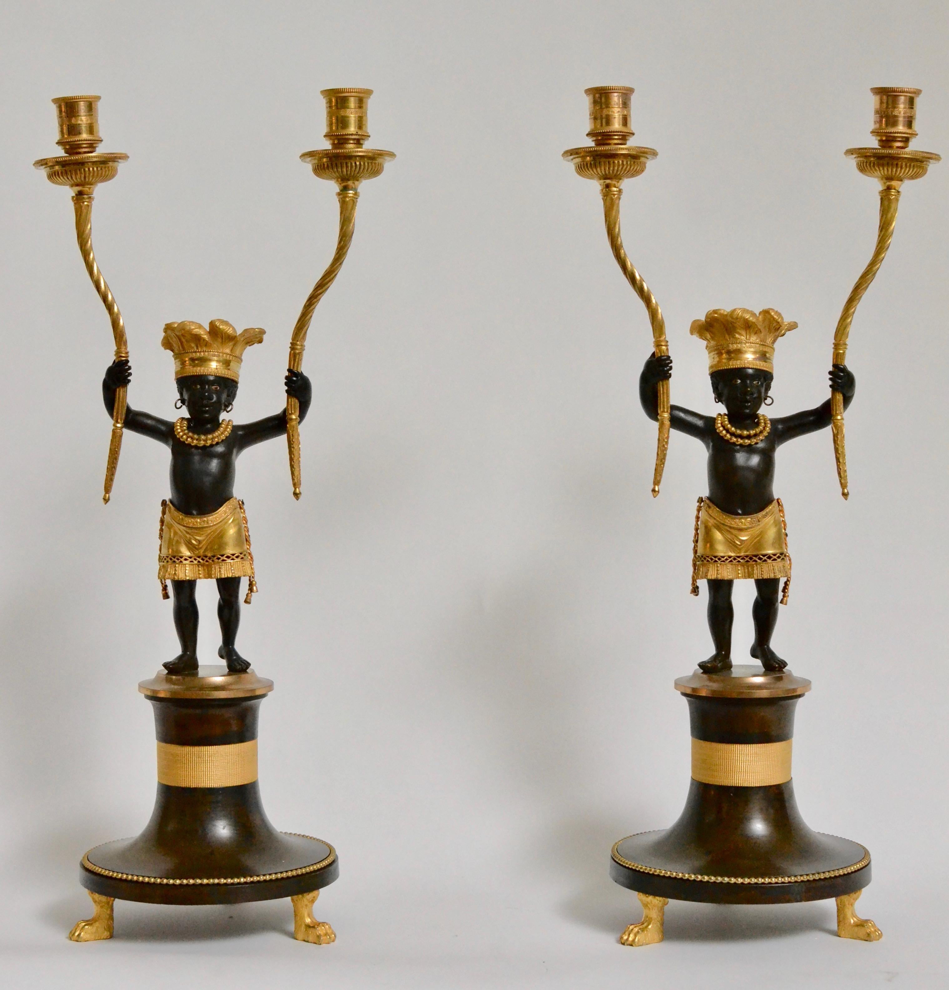 Pair of Directoire À L’amérique Ormolu and Patinated Bronze Candelabra 1