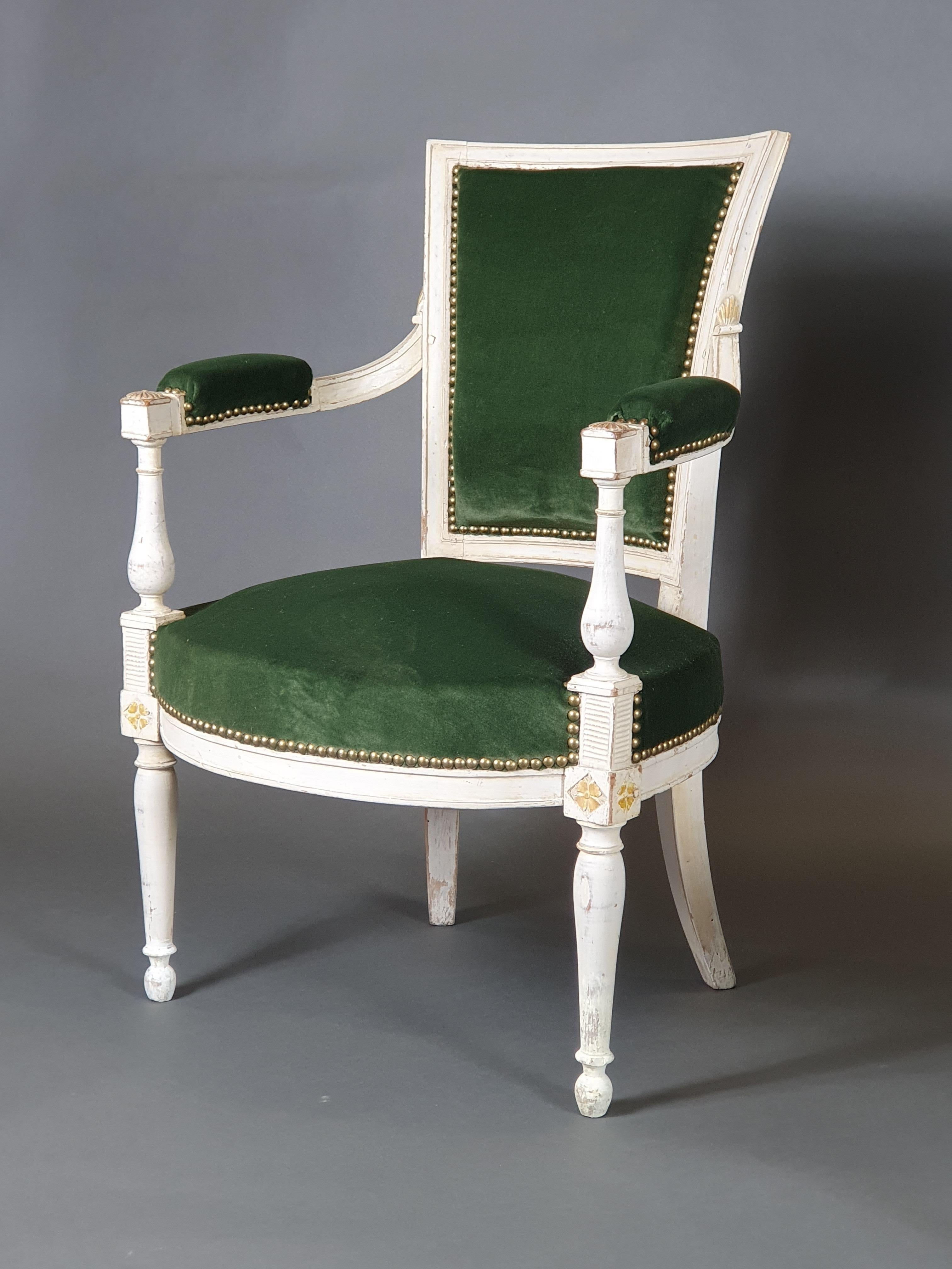 French Pair Of Directoire Armchairs In White Lacquered Wood  For Sale