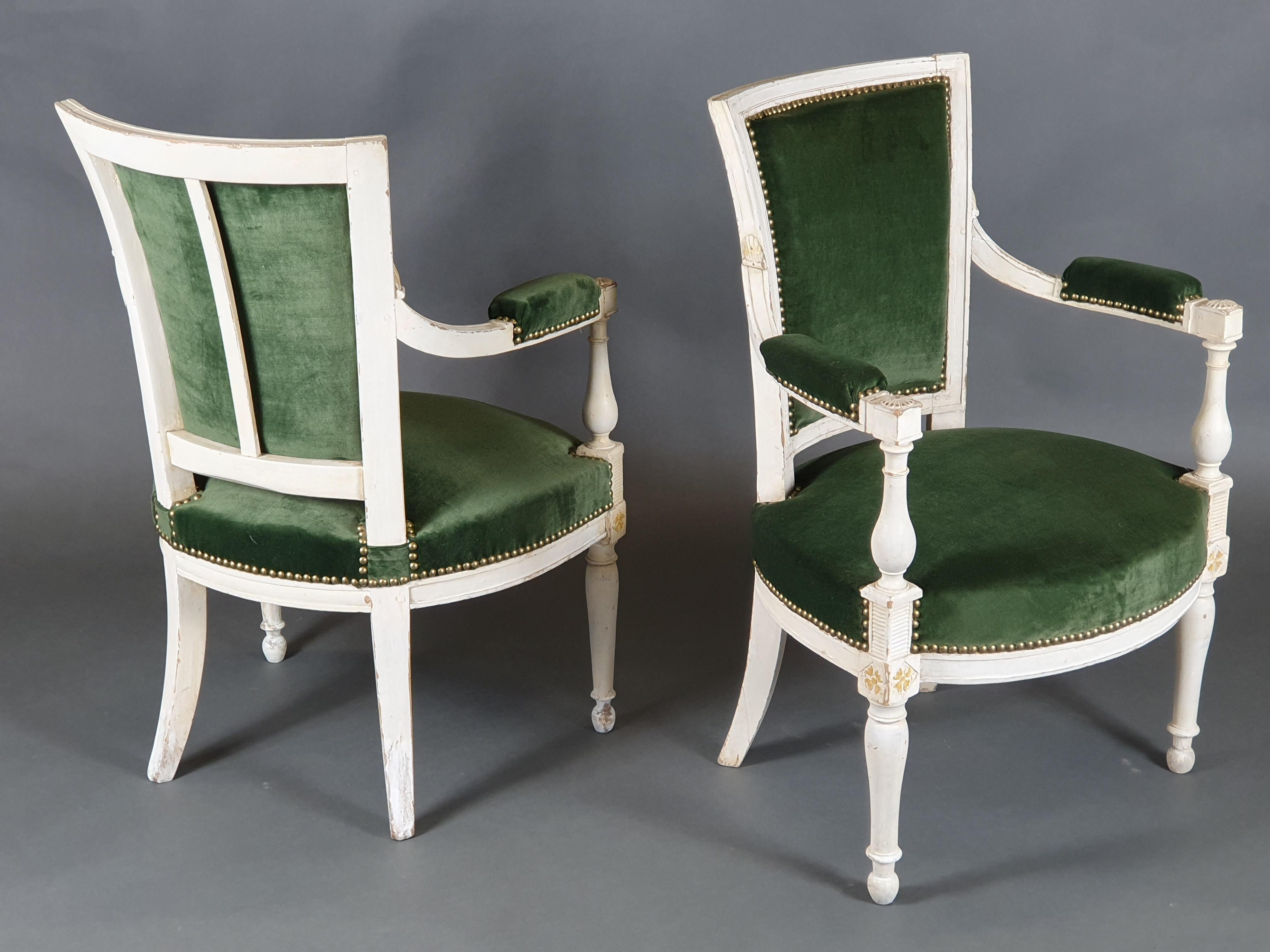 Pair Of Directoire Armchairs In White Lacquered Wood  For Sale 1