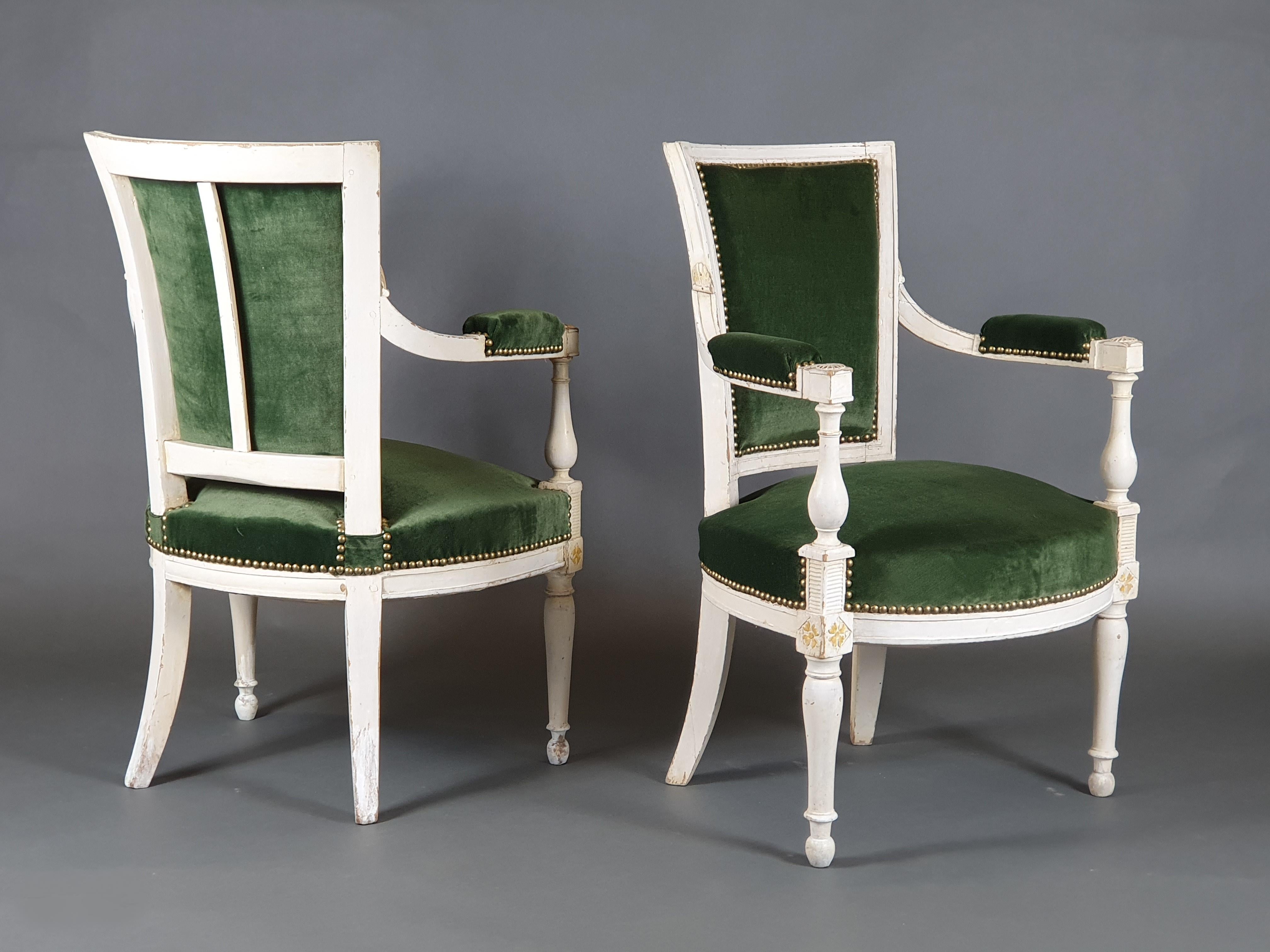 Pair Of Directoire Armchairs In White Lacquered Wood  For Sale 4