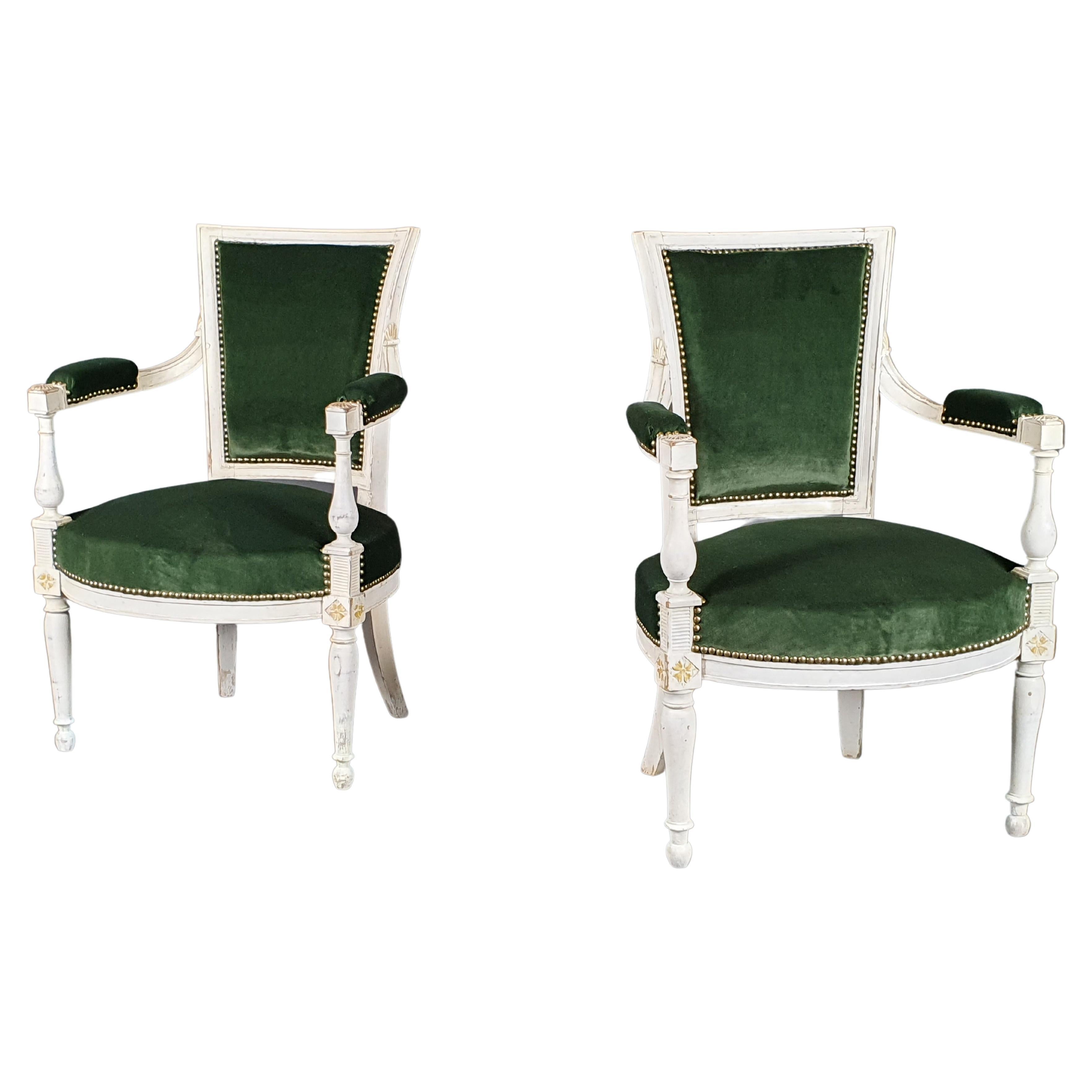 Pair Of Directoire Armchairs In White Lacquered Wood  For Sale