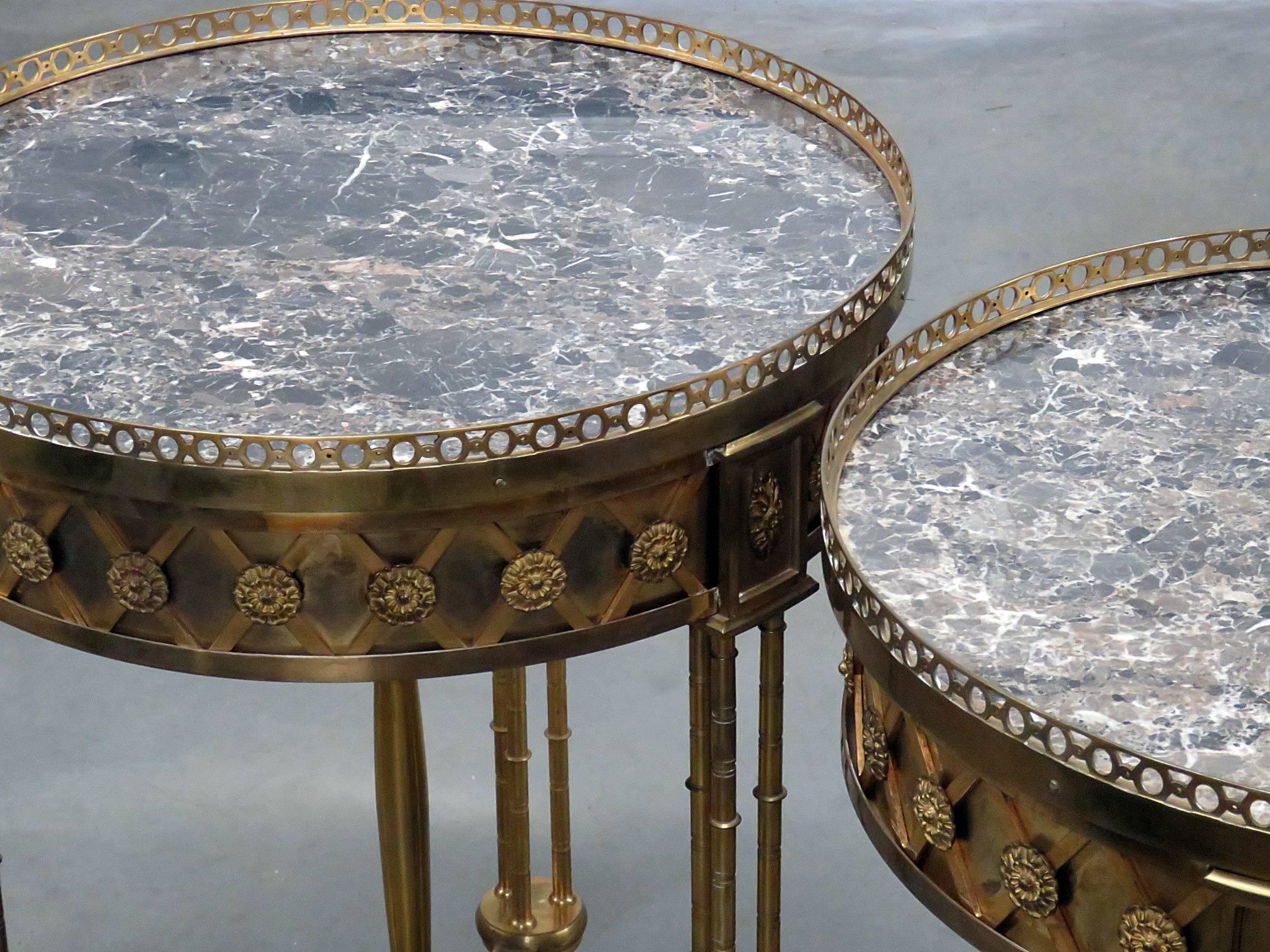 Pair of Directoire Bronze Marble Top Gueridons Attributed Jansen In Good Condition In Swedesboro, NJ
