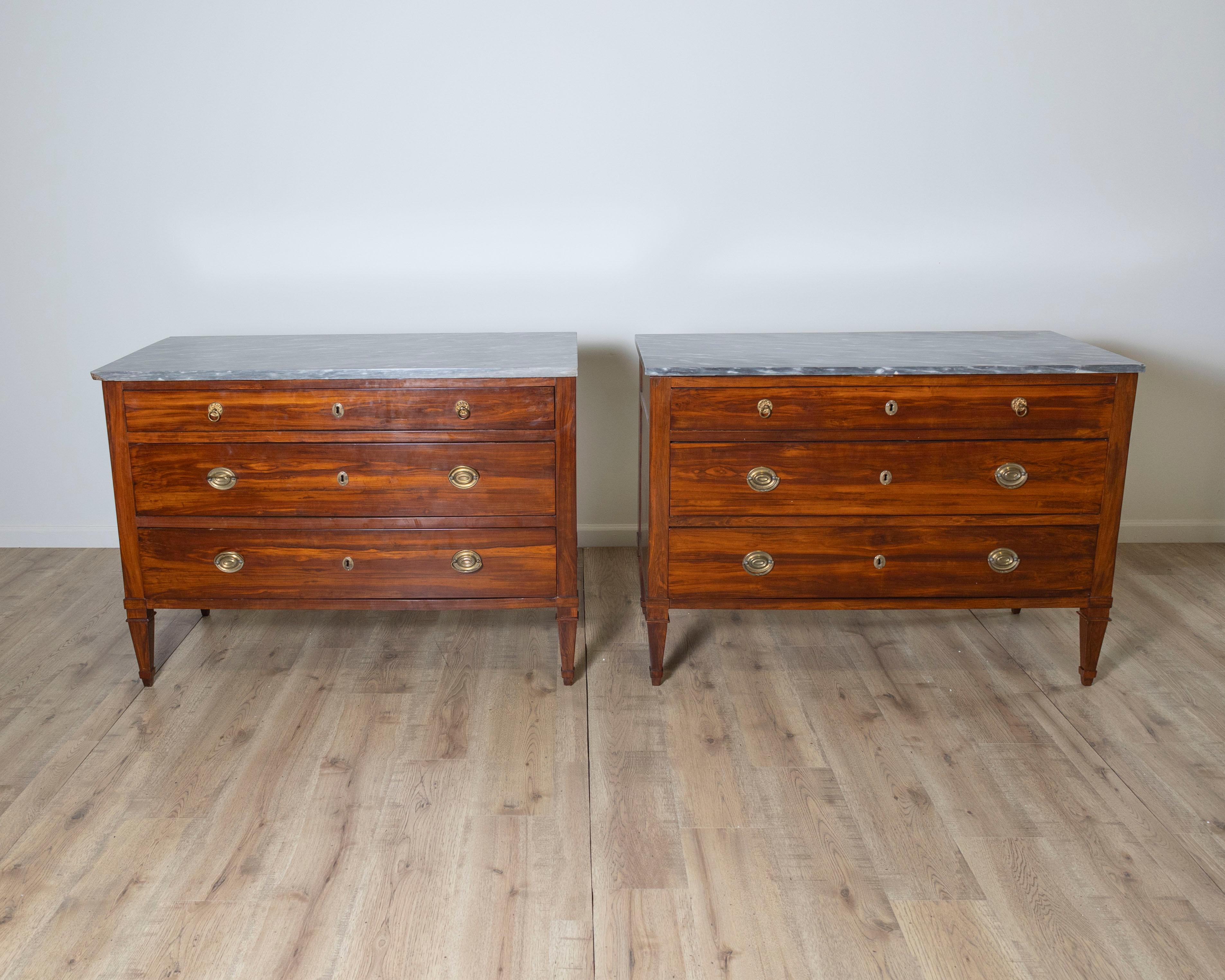 Cette exceptionnelle paire de coffres italiens Directoire, datant de la fin du XVIIIe siècle, est une pièce rare, tant par ses matériaux que par sa provenance. Fabriqués en prunier magnifiquement figuré, un bois dur peu commun et très prisé, ces