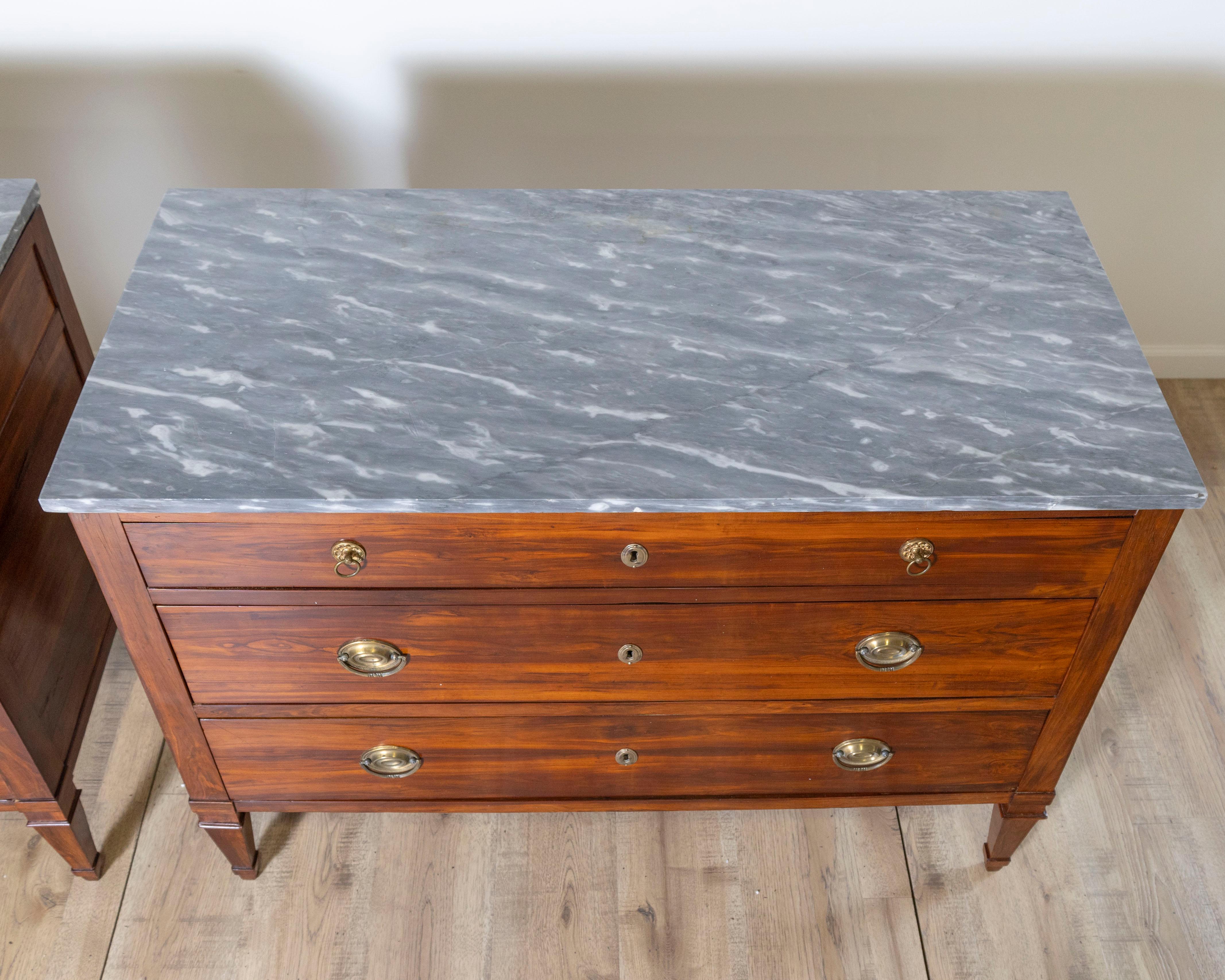 Paire de commodes Directoire en bois prune avec dessus en marbre gris d'origine, 18ème siècle Bon état - En vente à Atlanta, GA