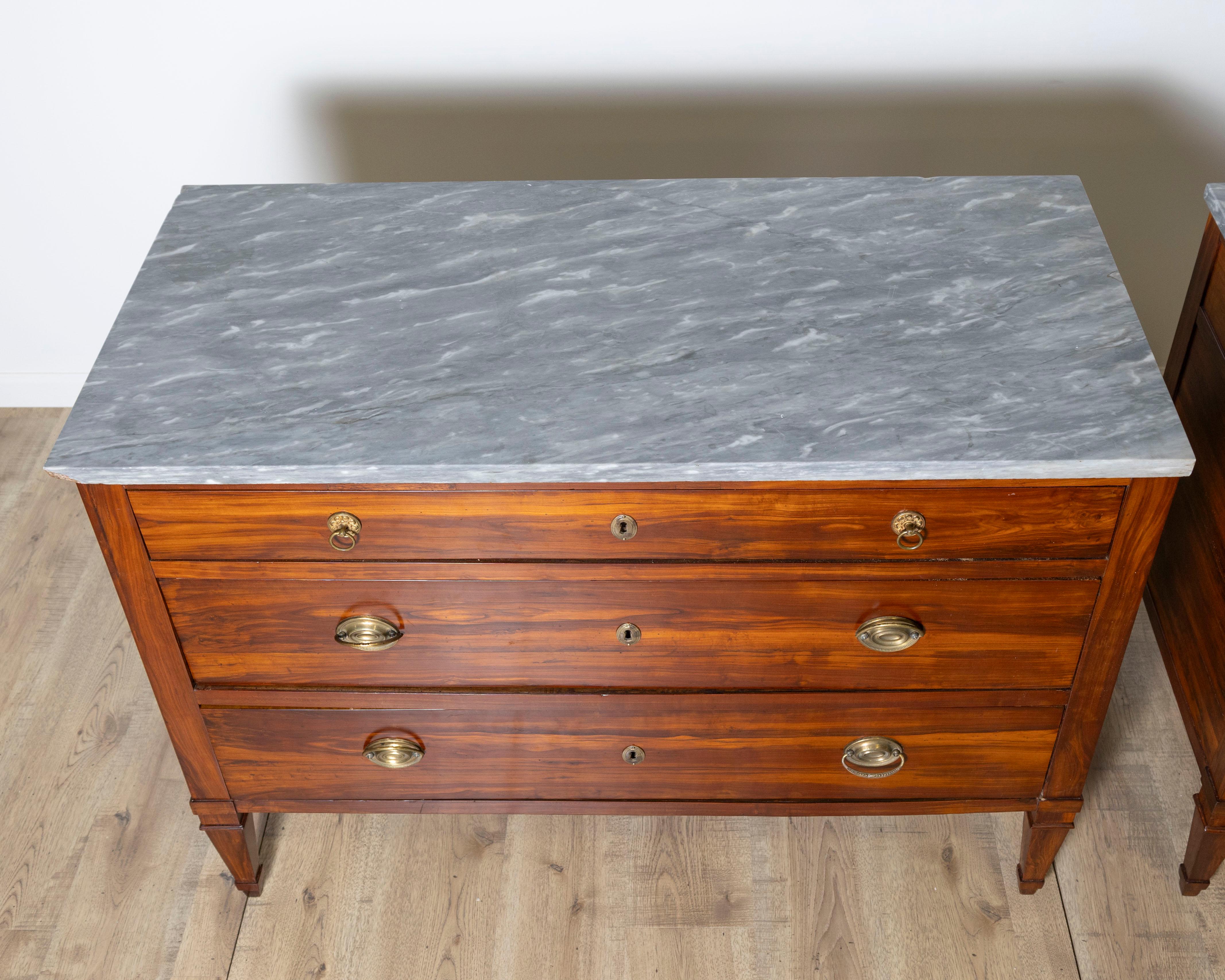 XVIIIe siècle Paire de commodes Directoire en bois prune avec dessus en marbre gris d'origine, 18ème siècle en vente