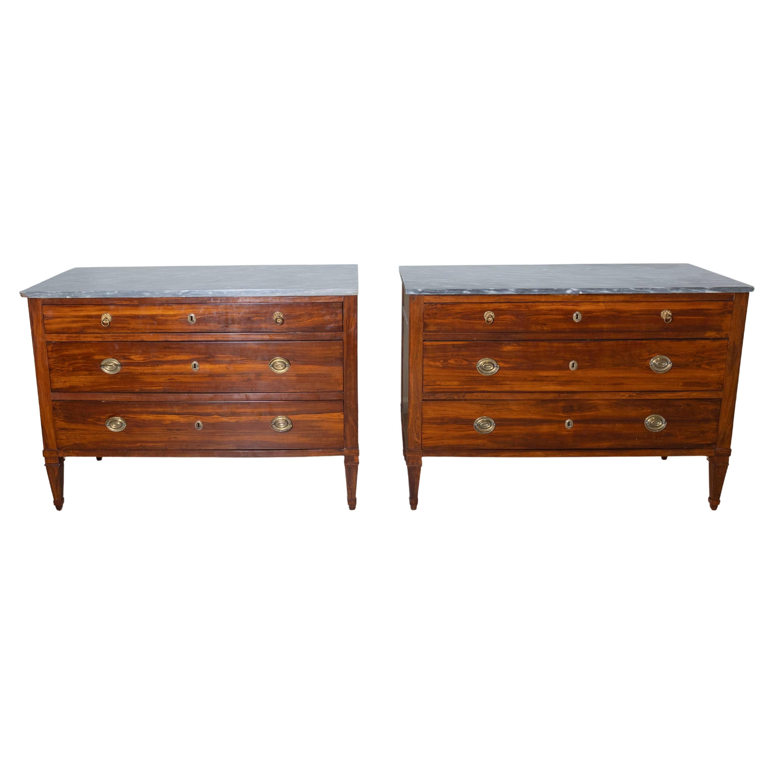 Paire de commodes Directoire en bois prune avec dessus en marbre gris d'origine, 18ème siècle en vente