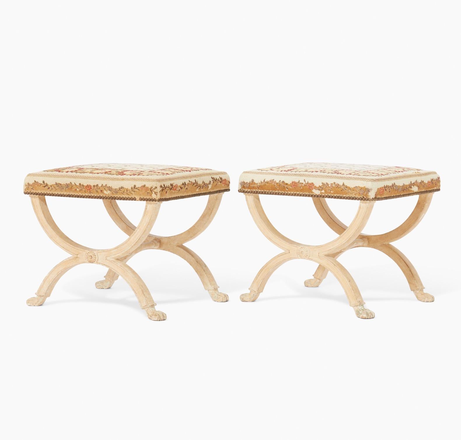 French Pair of Directoire Curule or X Frame Stools, c.1800. 