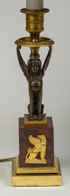 Pair of Directoire Gilt and Patinated Bronze Candlesticks Mounted as Lamps