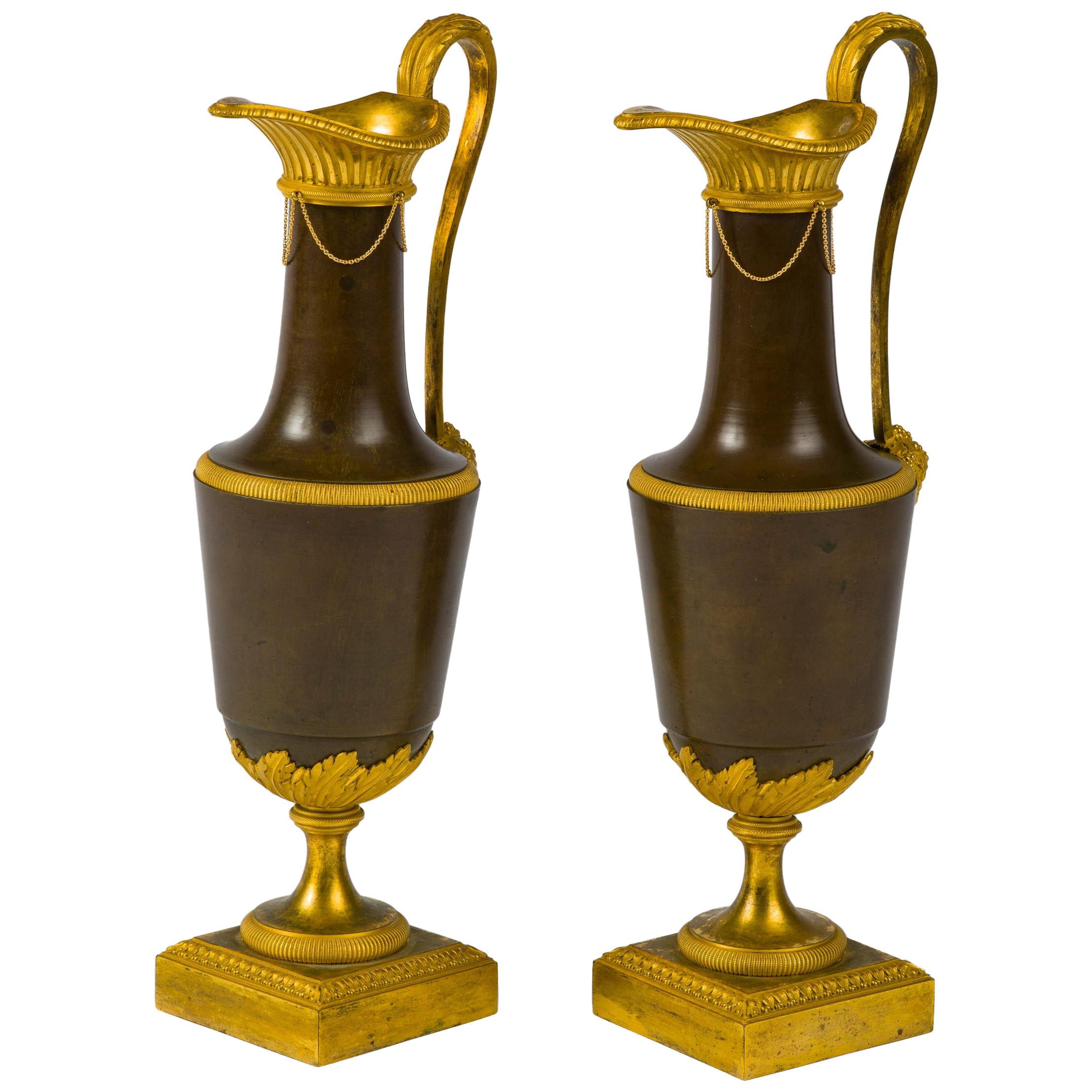 Pair of Directoire Gilt and Patinated Bronze Ewers For Sale