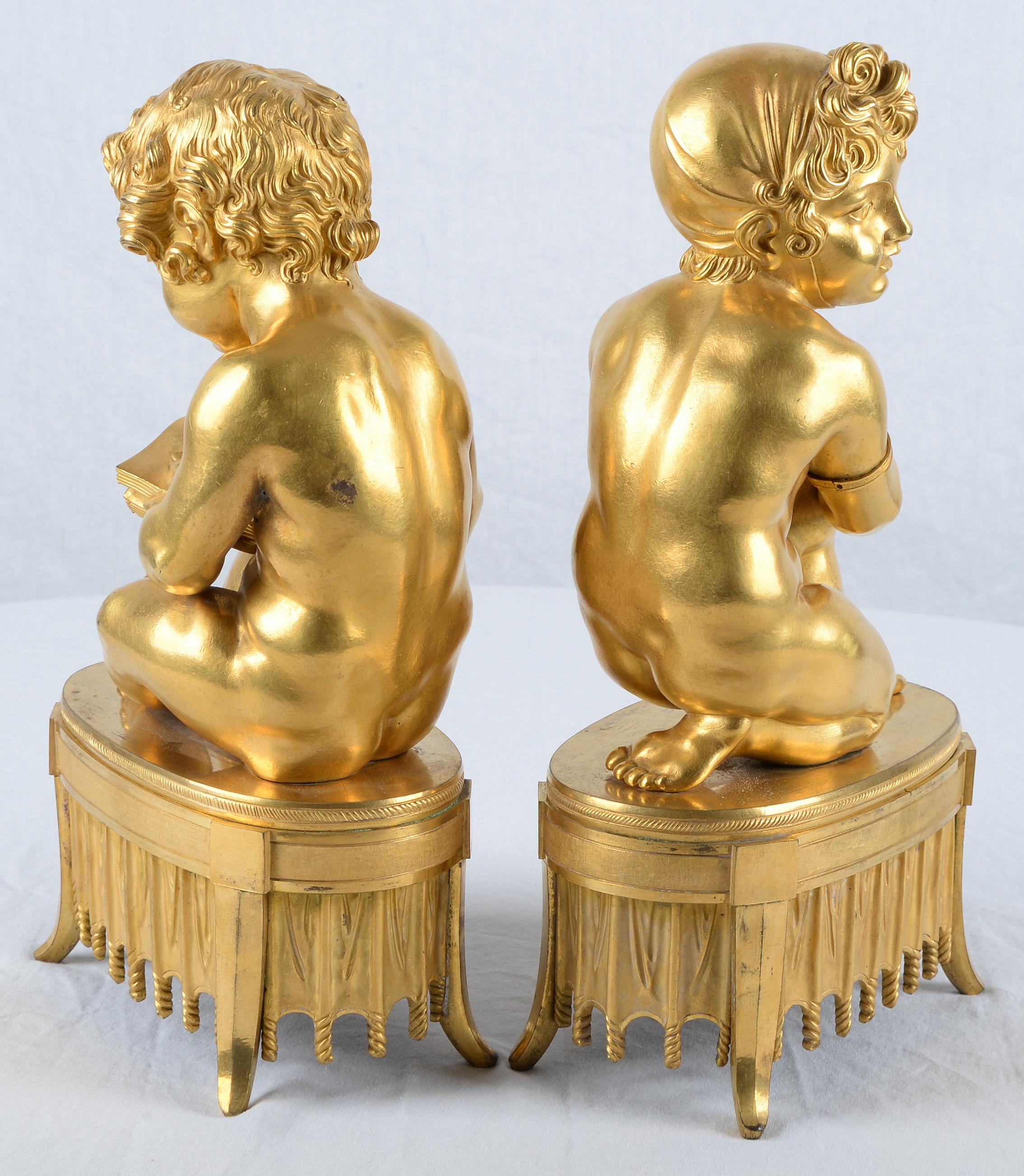 Pareja de esculturas alegóricas de niños en bronce dorado del Directorio en Bastante bueno estado para la venta en Kittery Point, ME