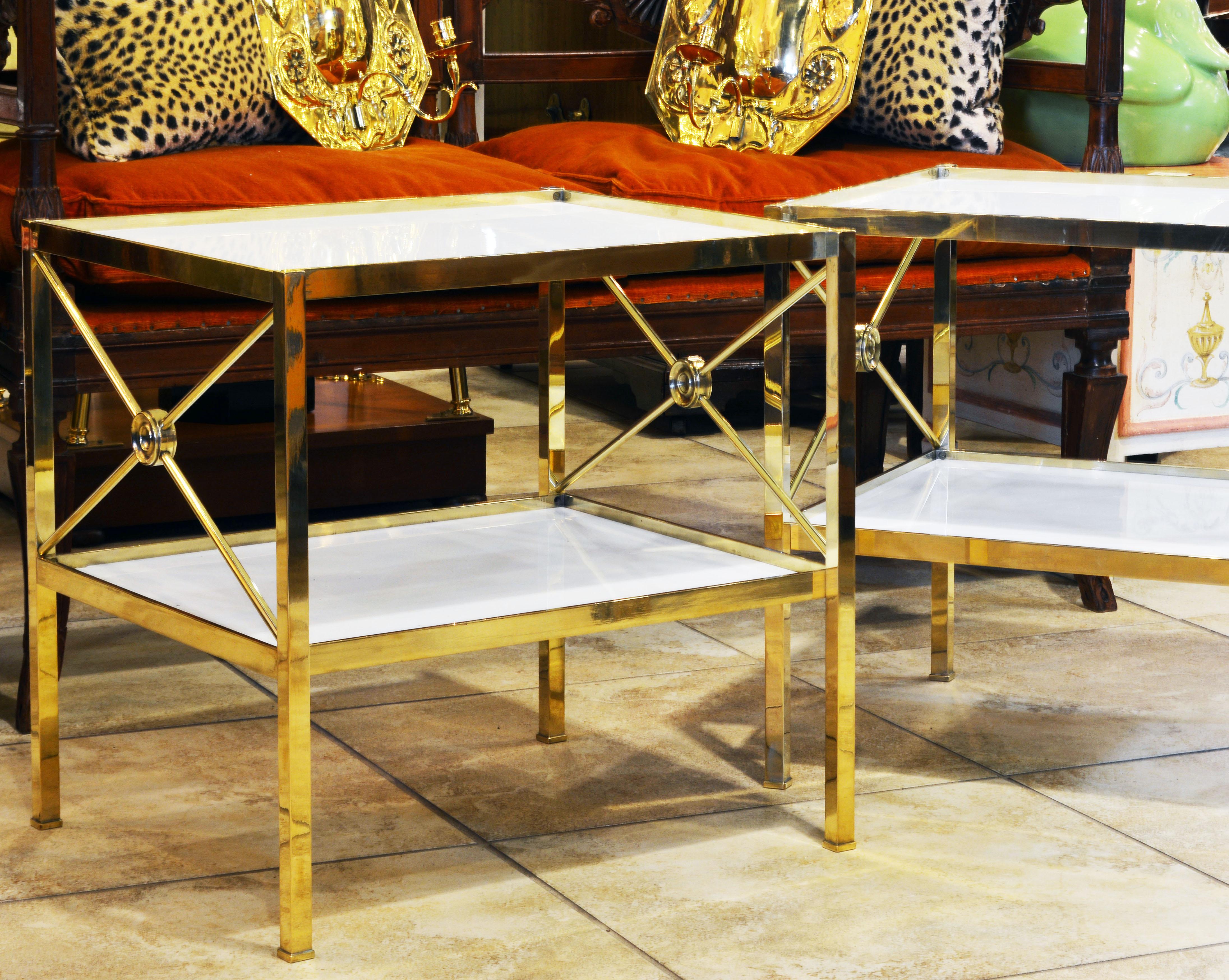 Pair of Directoire Inspired Solid Brass and Milk Glass Two-Tier End Tables 5