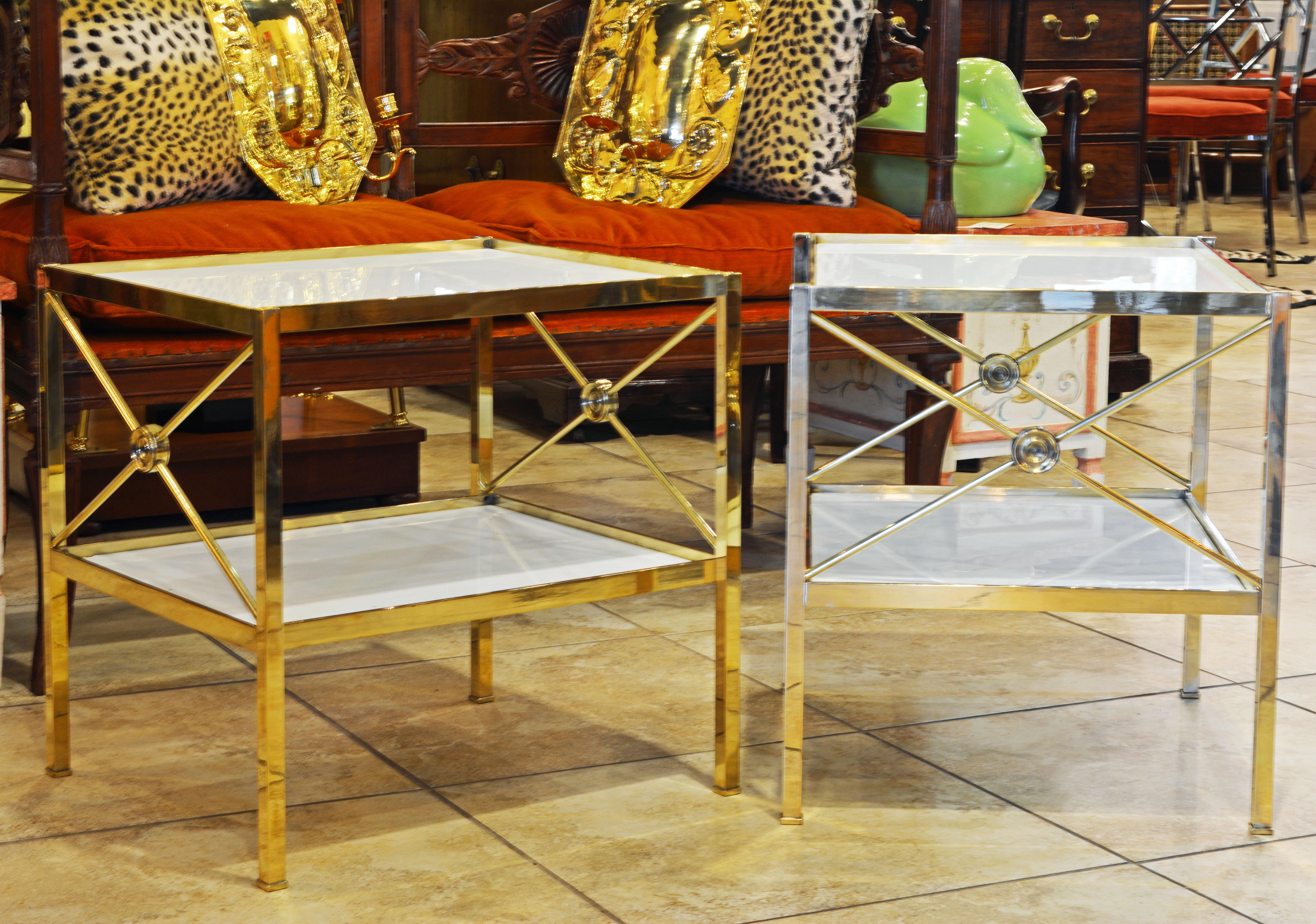 Very well crafted and of timeless elegance these tables with white milk glass tops and shelves feature classical X-bars centering circular medallions, a motif also favored by the French 'Directoire' style.