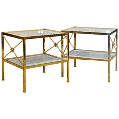 Pair of Directoire Inspired Solid Brass and Milk Glass Two-Tier End Tables
