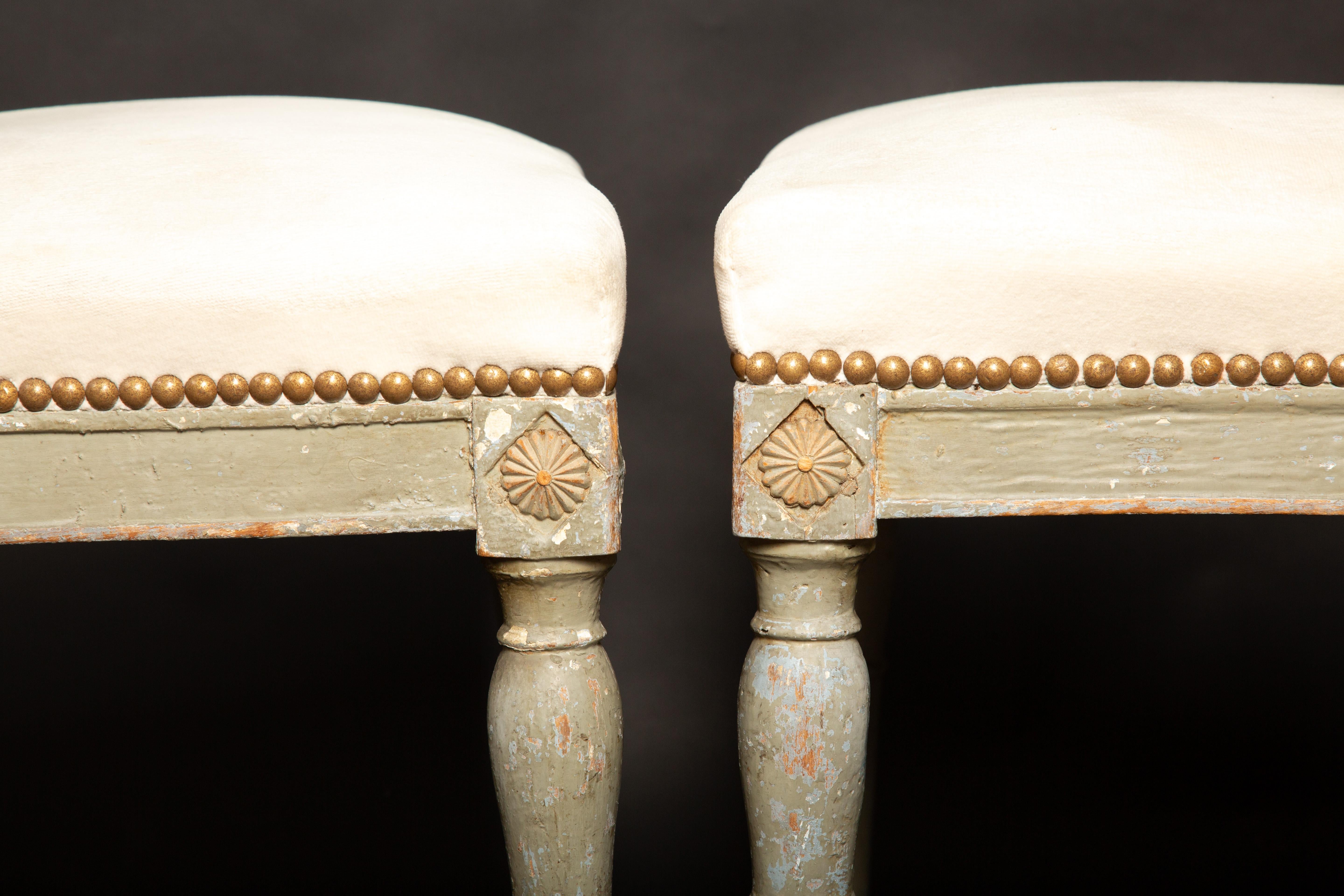 Painted Pair of Directoire Period Grey Chairs with White Velvet Seats