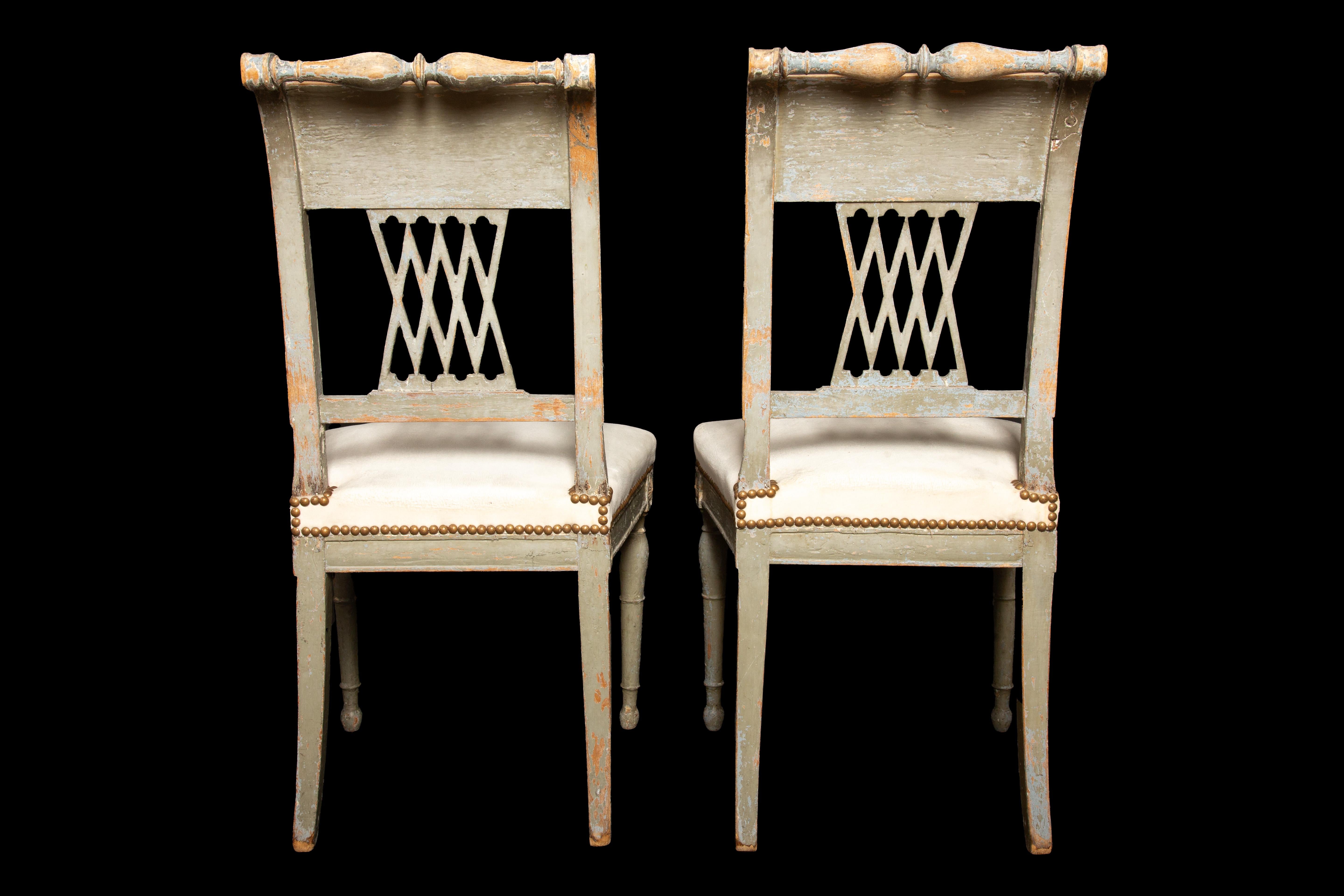 Late 18th Century Pair of Directoire Period Grey Chairs with White Velvet Seats For Sale