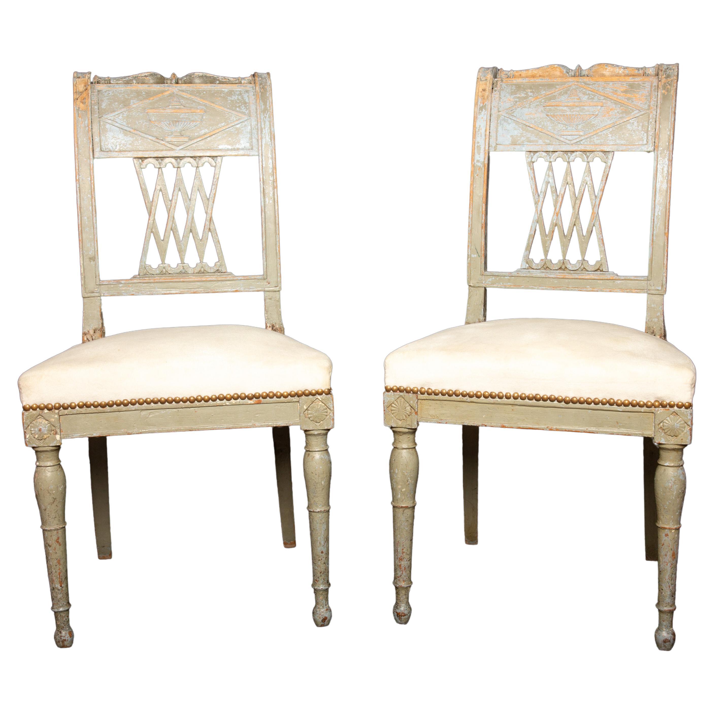 Pair of Directoire Period Grey Chairs with White Velvet Seats For Sale