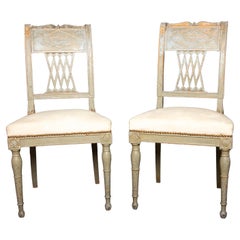 Antique Pair of Directoire Period Grey Chairs with White Velvet Seats