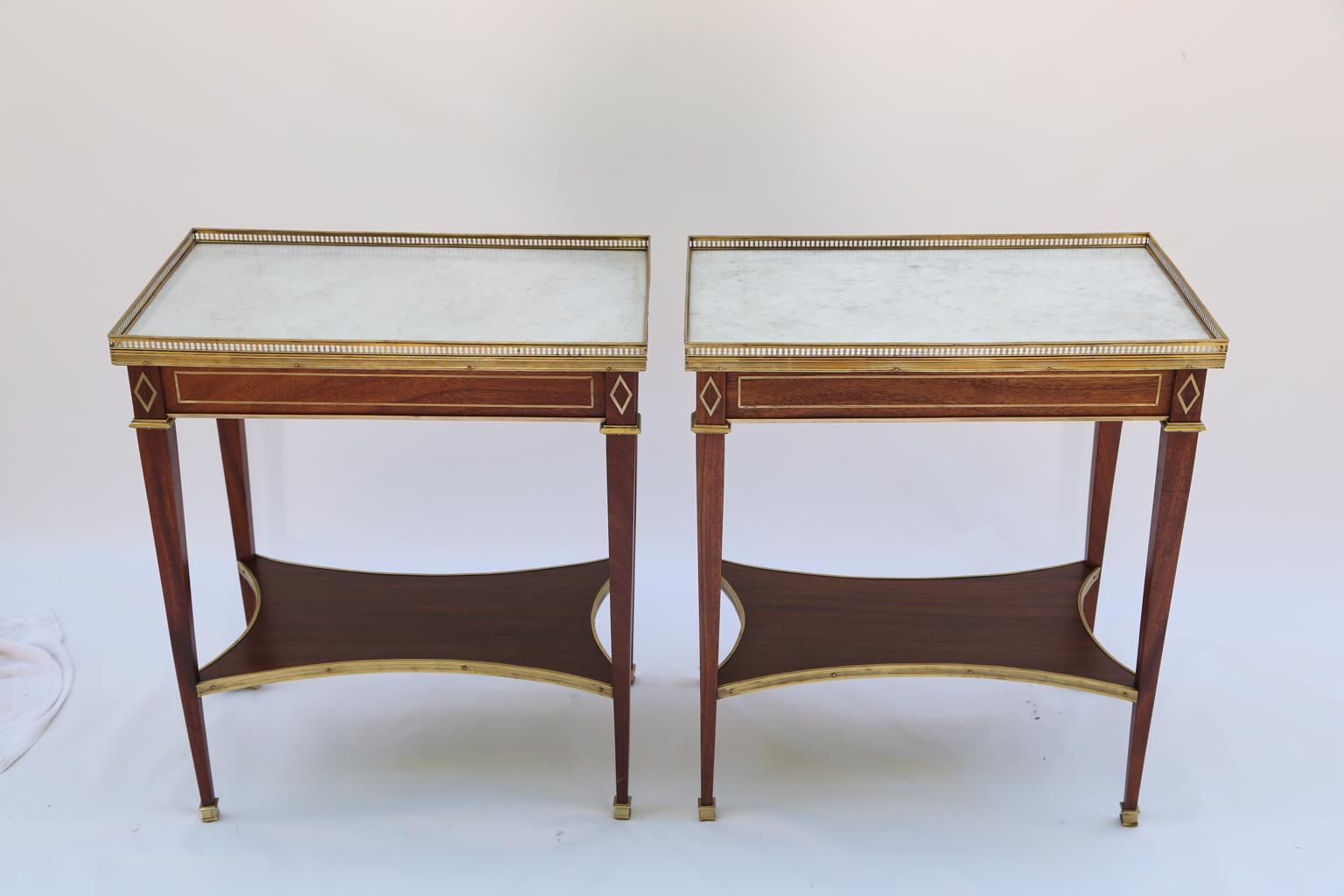 French Pair of Directoire Style, 19th Century, Mahogany End Tables with Marble Tops 
