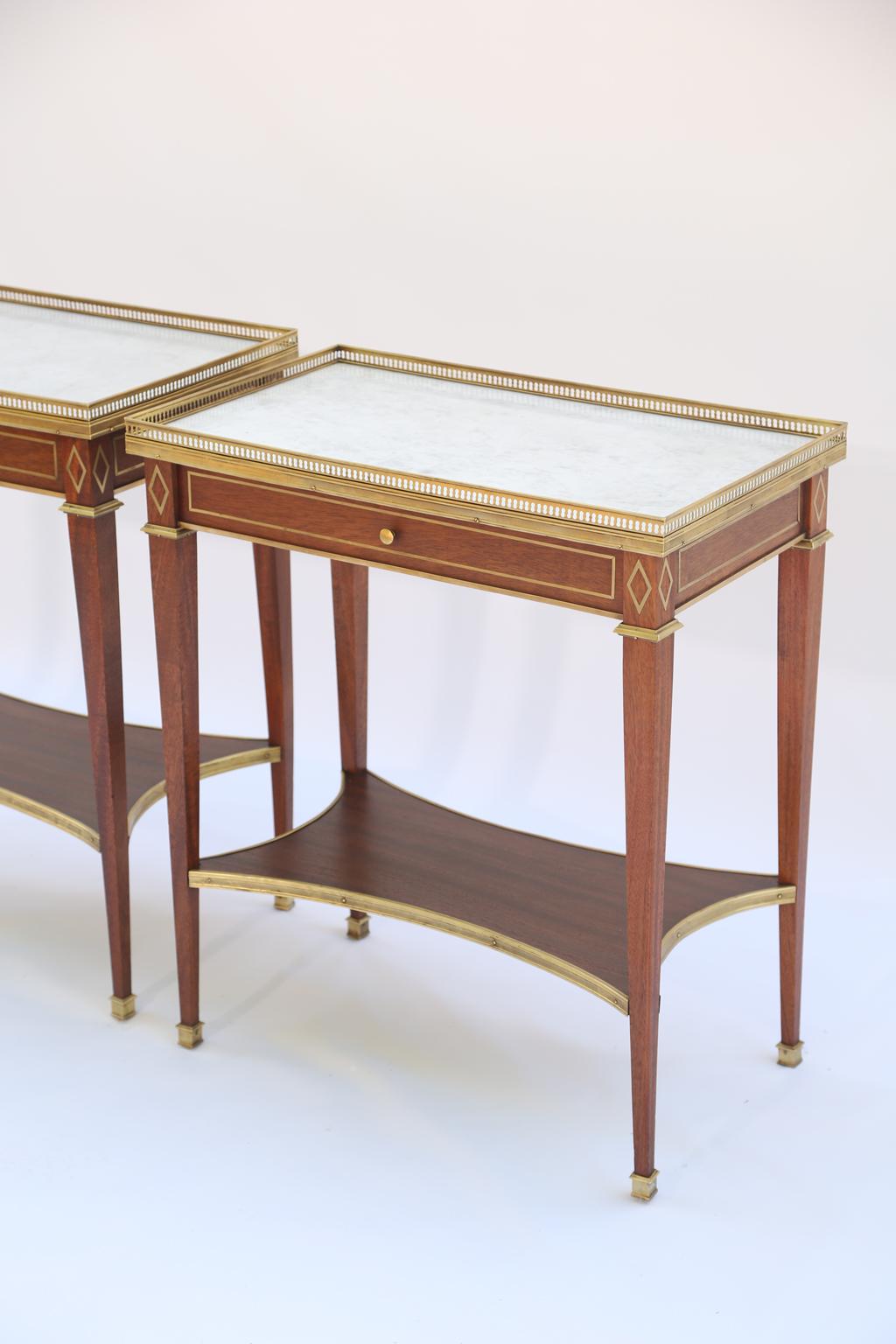 Pair of Directoire Style, 19th Century, Mahogany End Tables with Marble Tops  In Excellent Condition In West Palm Beach, FL