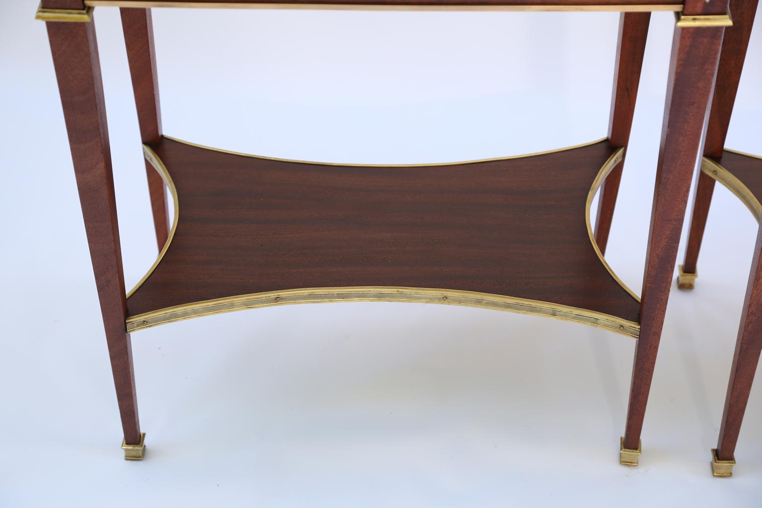 Brass Pair of Directoire Style, 19th Century, Mahogany End Tables with Marble Tops 