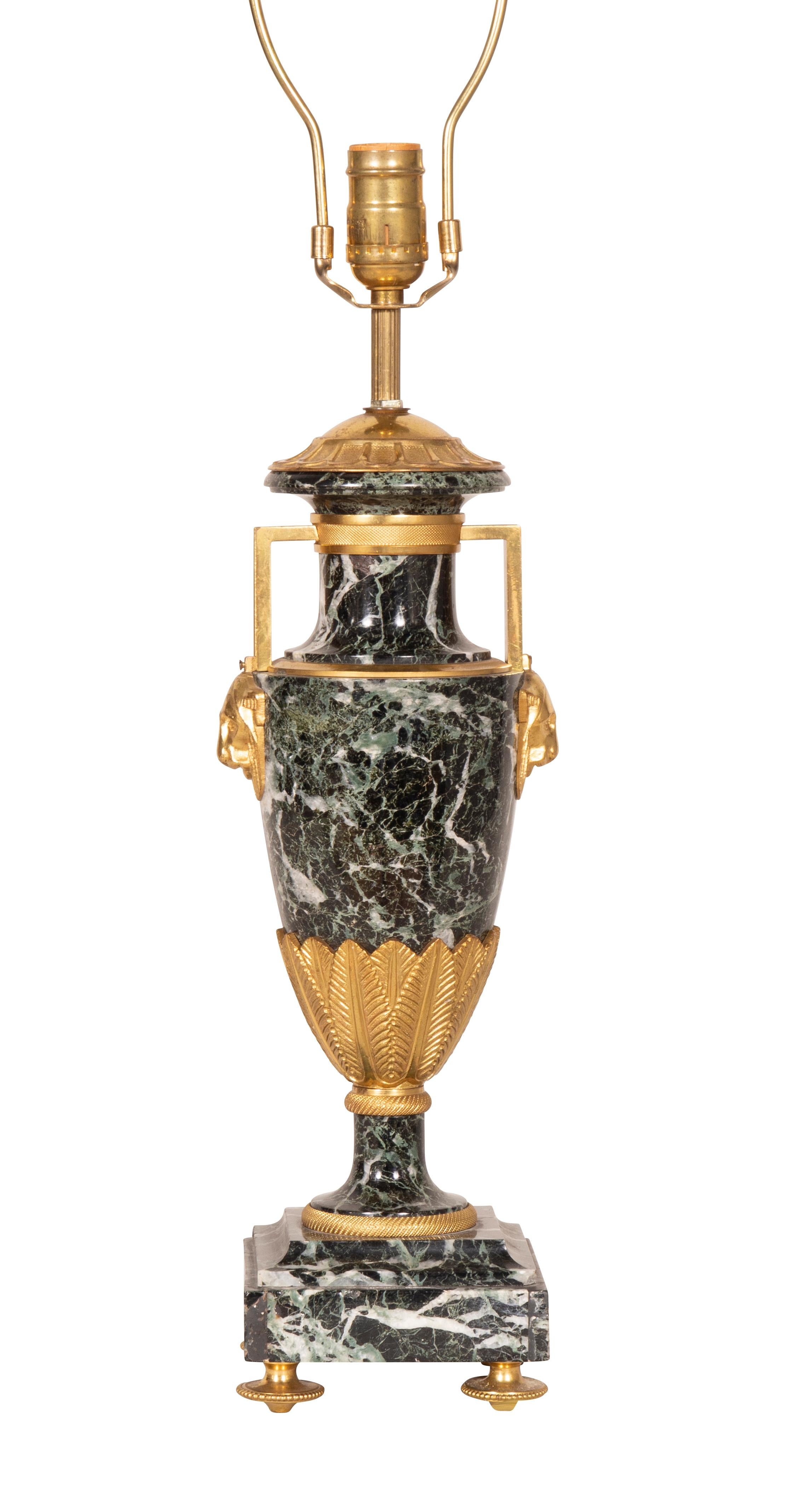 Pair of Directoire Style Antico Verde Marble and Gilt Bronze Table Lamps For Sale 6